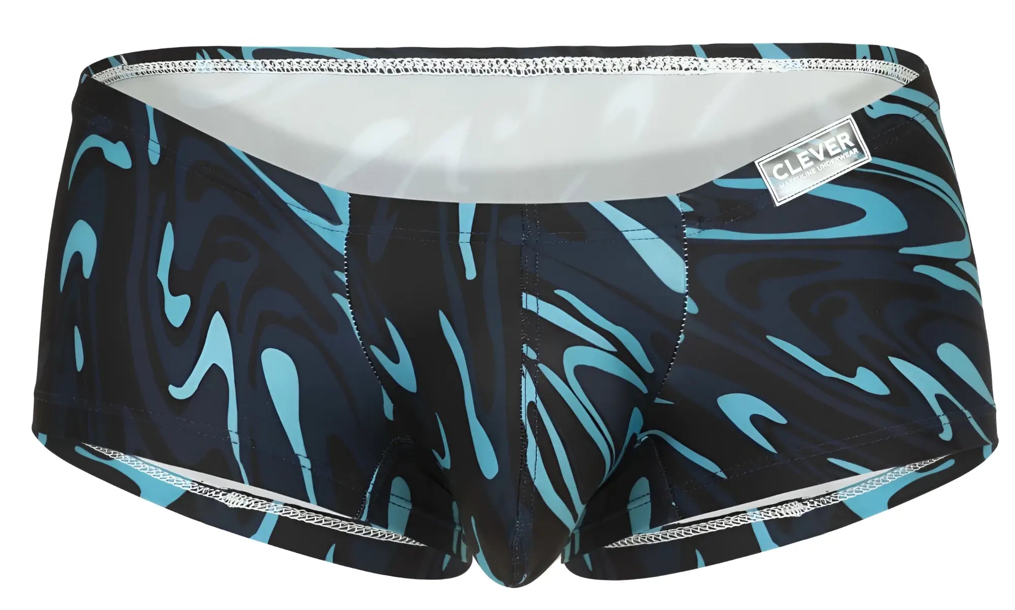 Black and teal dark blue Clever 1860 Grosh swim trunks with abstract wave pattern and silver zipper trim