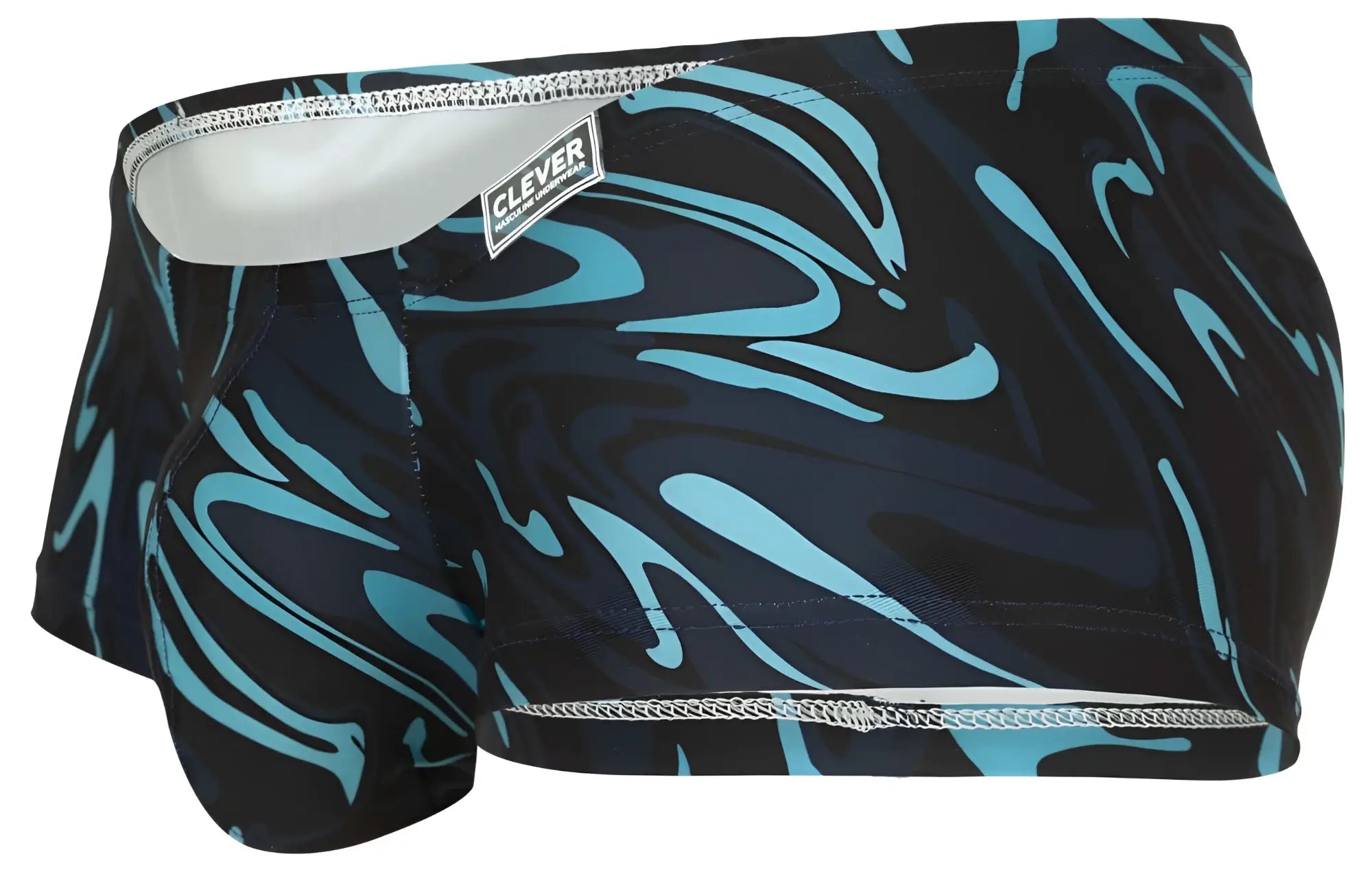 Clever 1860 Grosh trunks dark blue men’s swim trunks with black base turquoise swirls and silver zipper trim