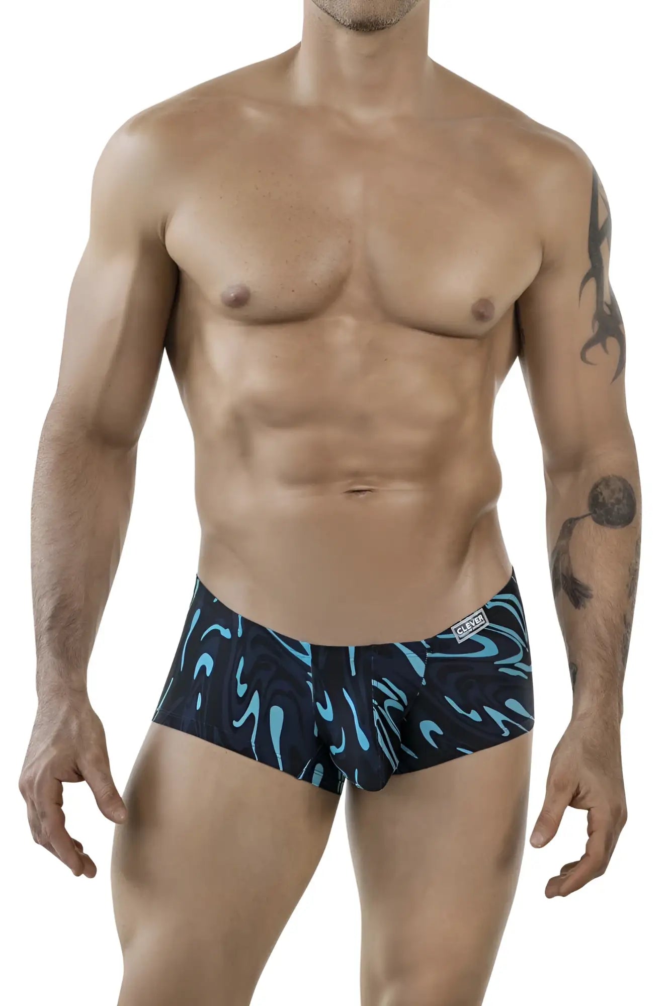 Men’s clever 1860 grosh trunks in dark blue with black and teal abstract wave-patterned briefs for comfortable wear