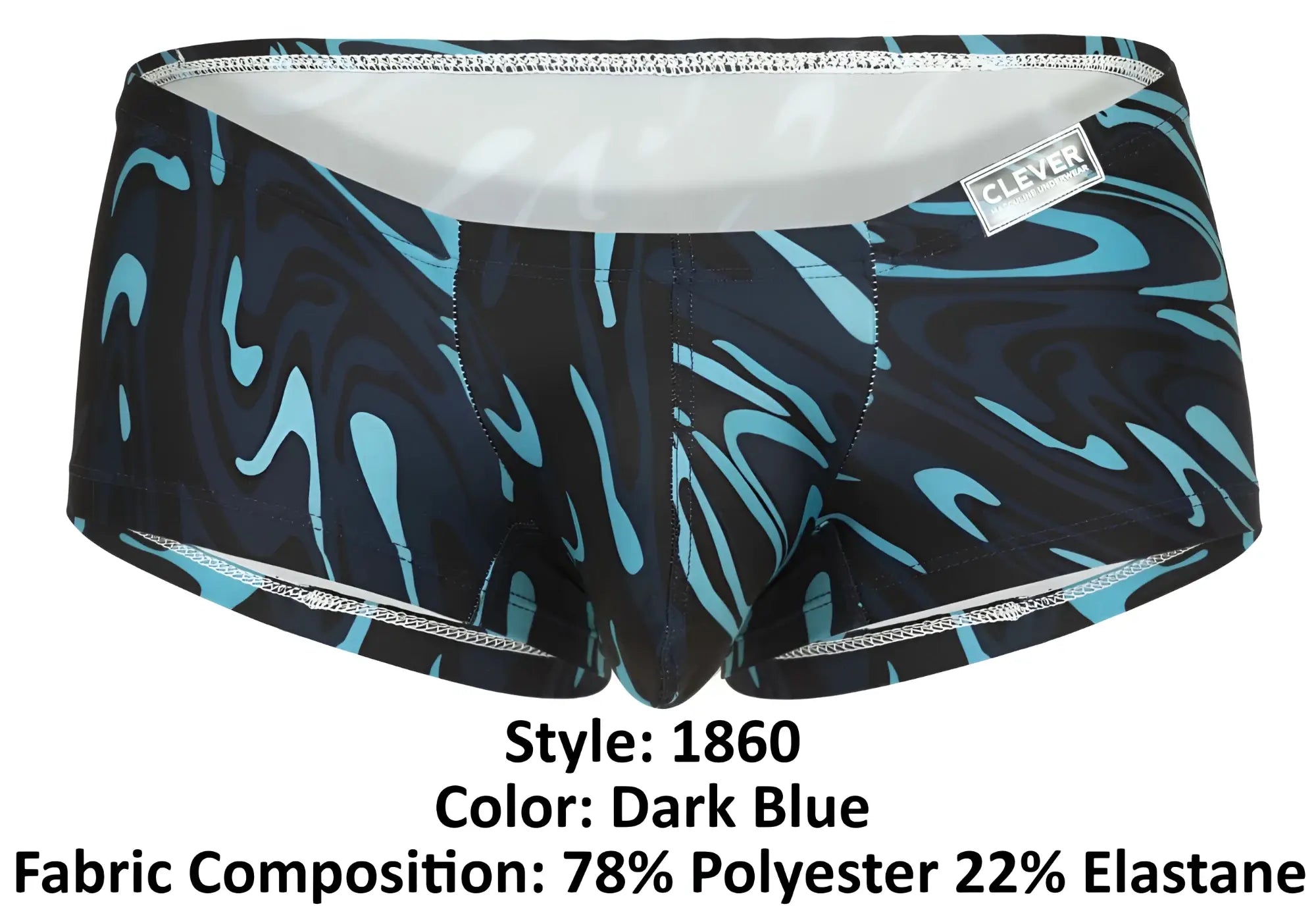 Dark blue Clever 1860 Grosh swim trunks with teal black abstract pattern white inner lining and clever waistband label