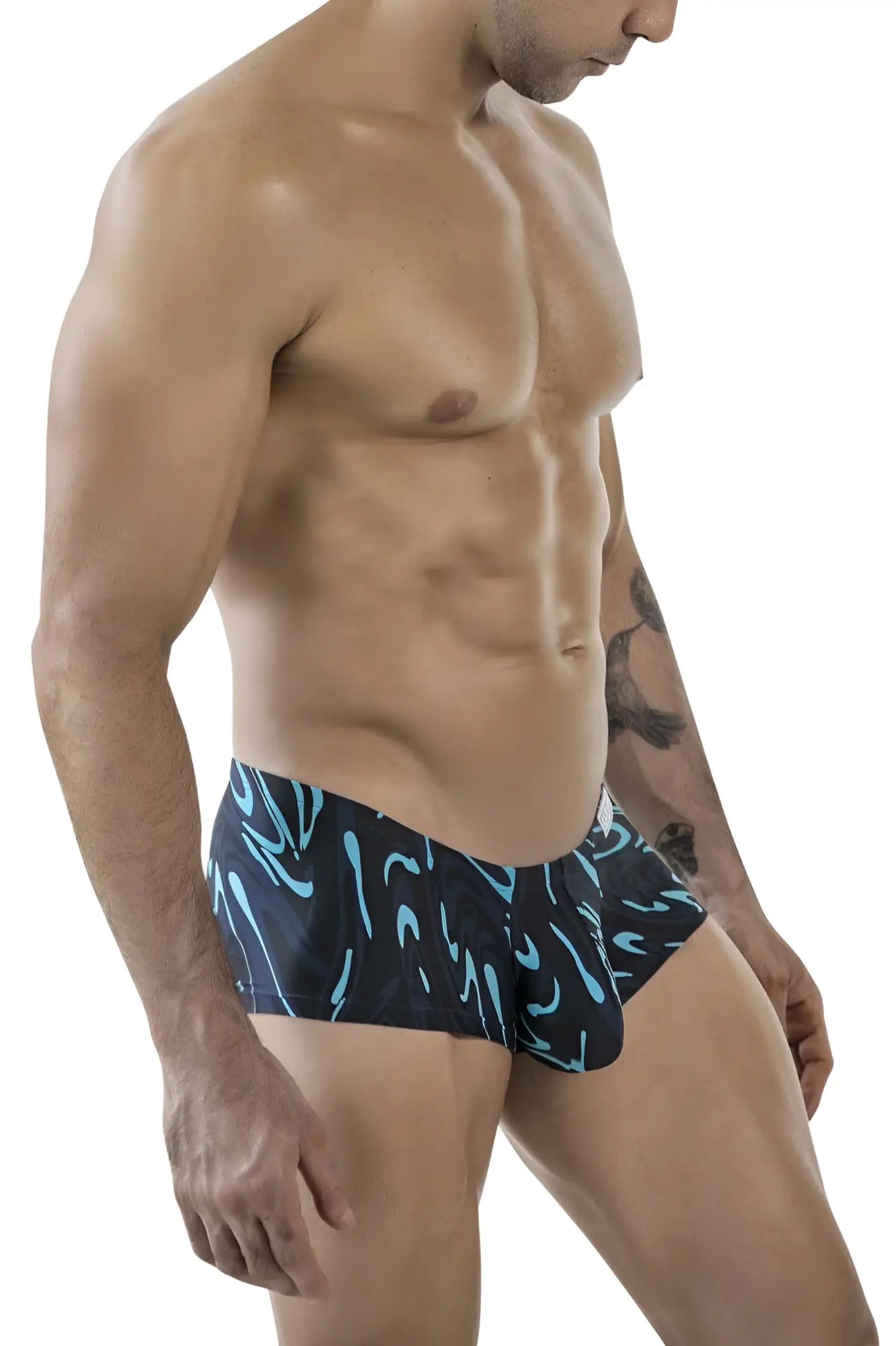 Dark blue clever 1860 grosh swim trunks with vibrant turquoise abstract wave pattern designed for beachwear