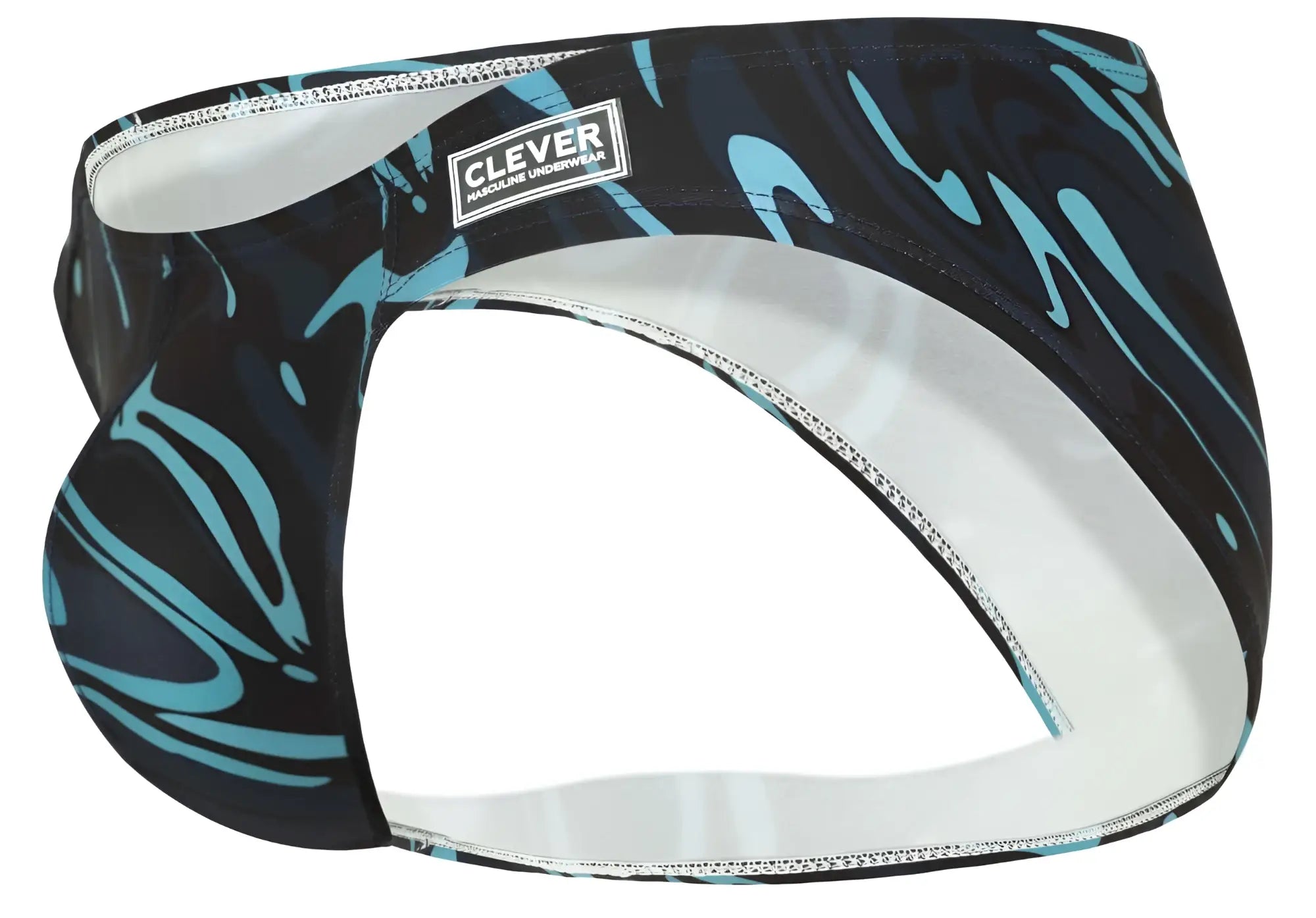 Clever 1861 grosh bikini mens underwear in black and teal abstract pattern with white interior lining dark blue color