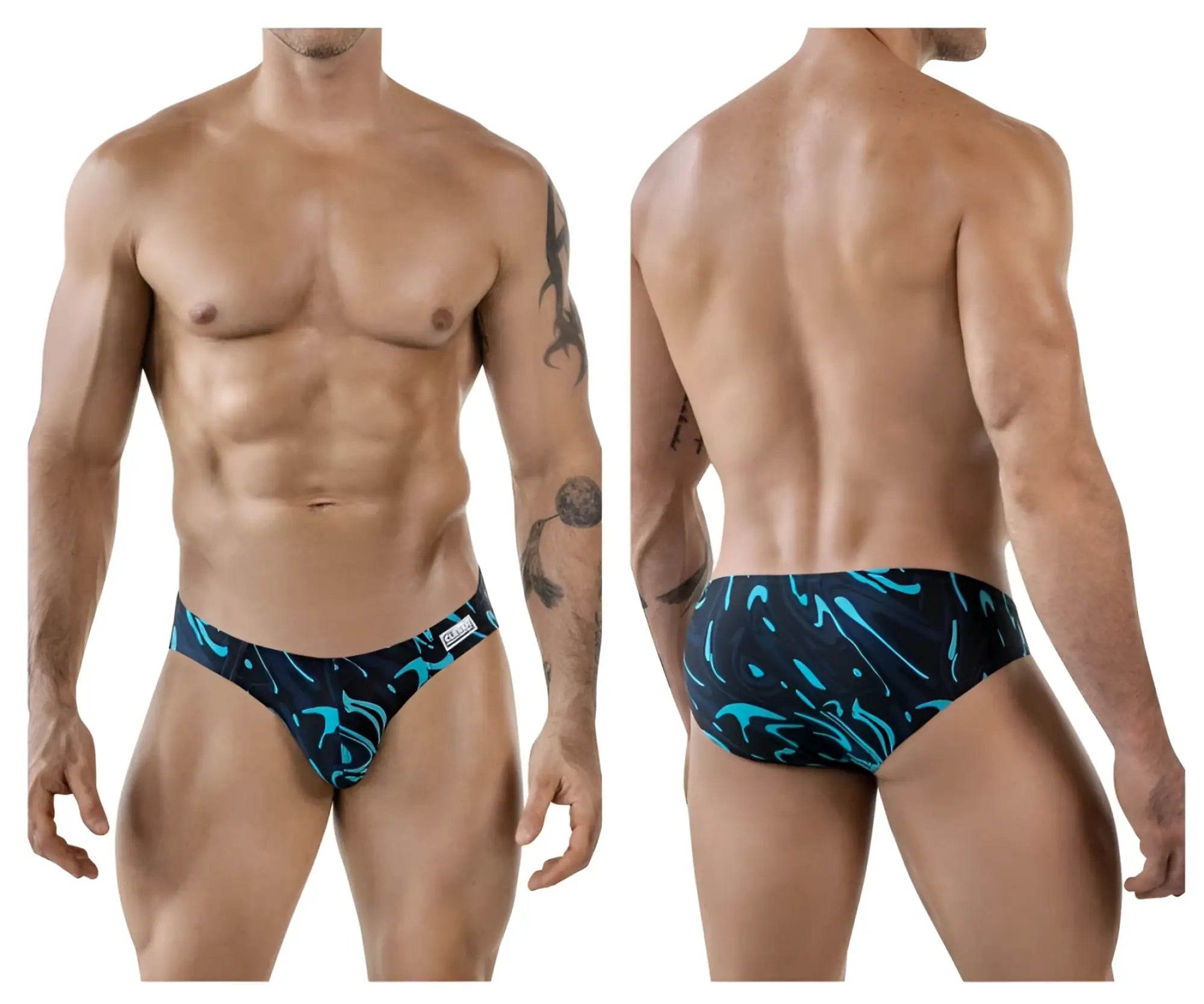 Men’s clever 1861 grosh bikini swim trunks with black and teal abstract pattern in dark blue color for swimming