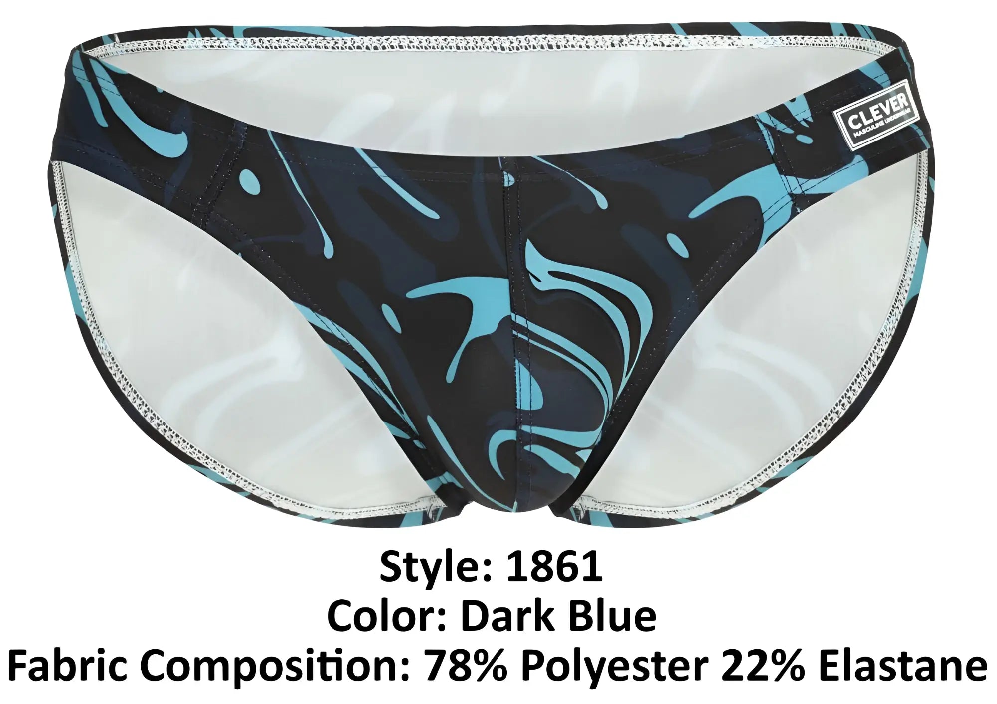 Dark blue Clever 1861 Grosh bikini swim trunks with swirling turquoise and black pattern and silver edge stitching