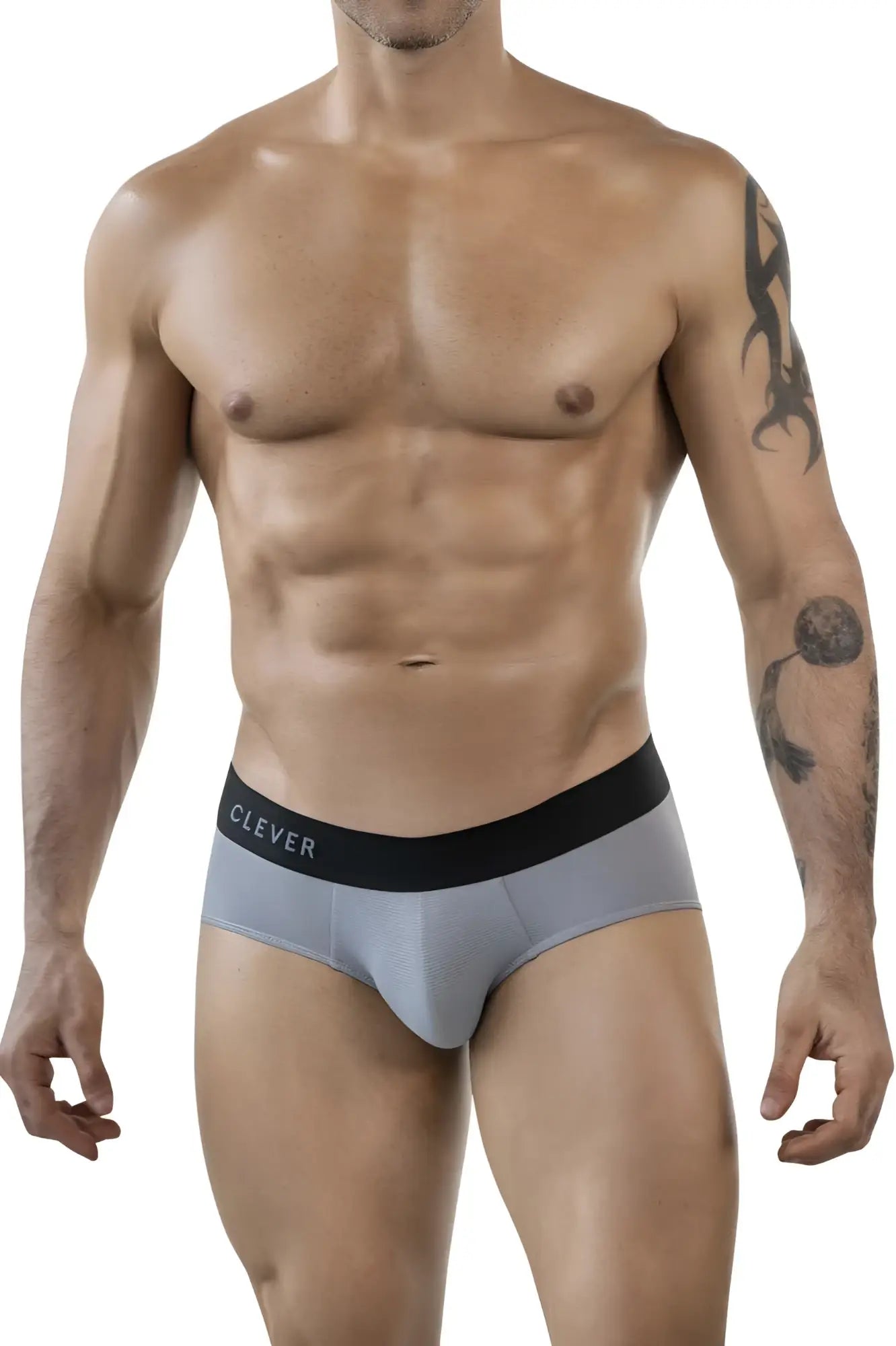Gray clever 1862 oneal briefs with a black waistband featuring white clever lettering in a comfortable fabric