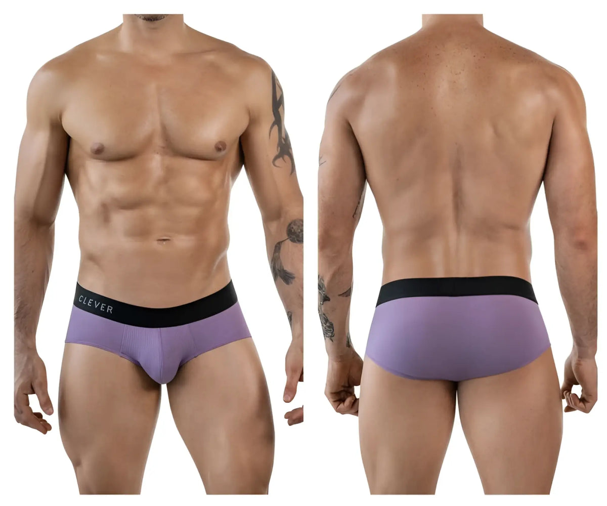Purple textured clever 1862 oneal briefs with black elastic waistband and white clever branding in lilac color