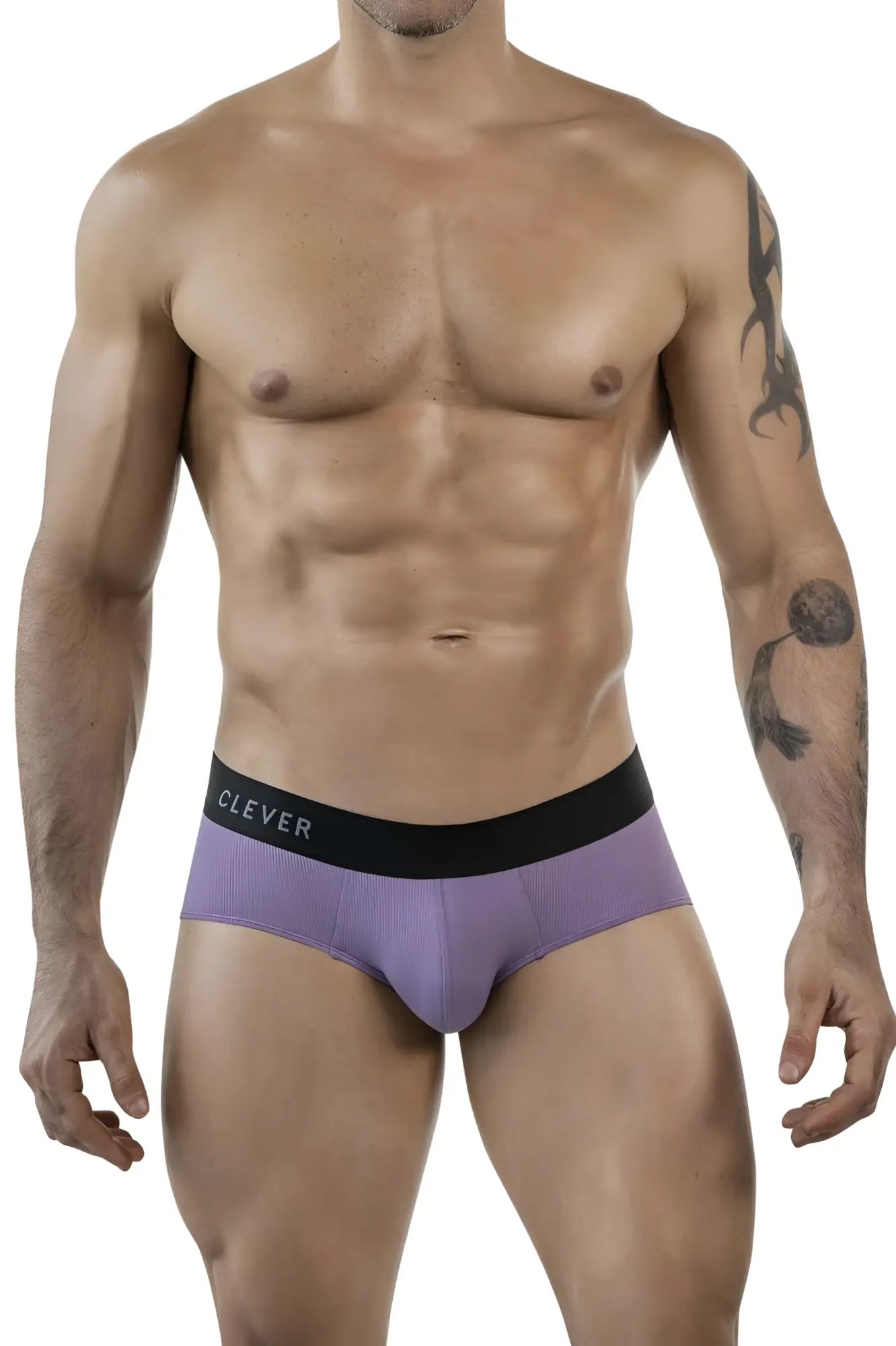 Purple textured oneal briefs with a black waistband featuring clever branding in white lettering color lilac