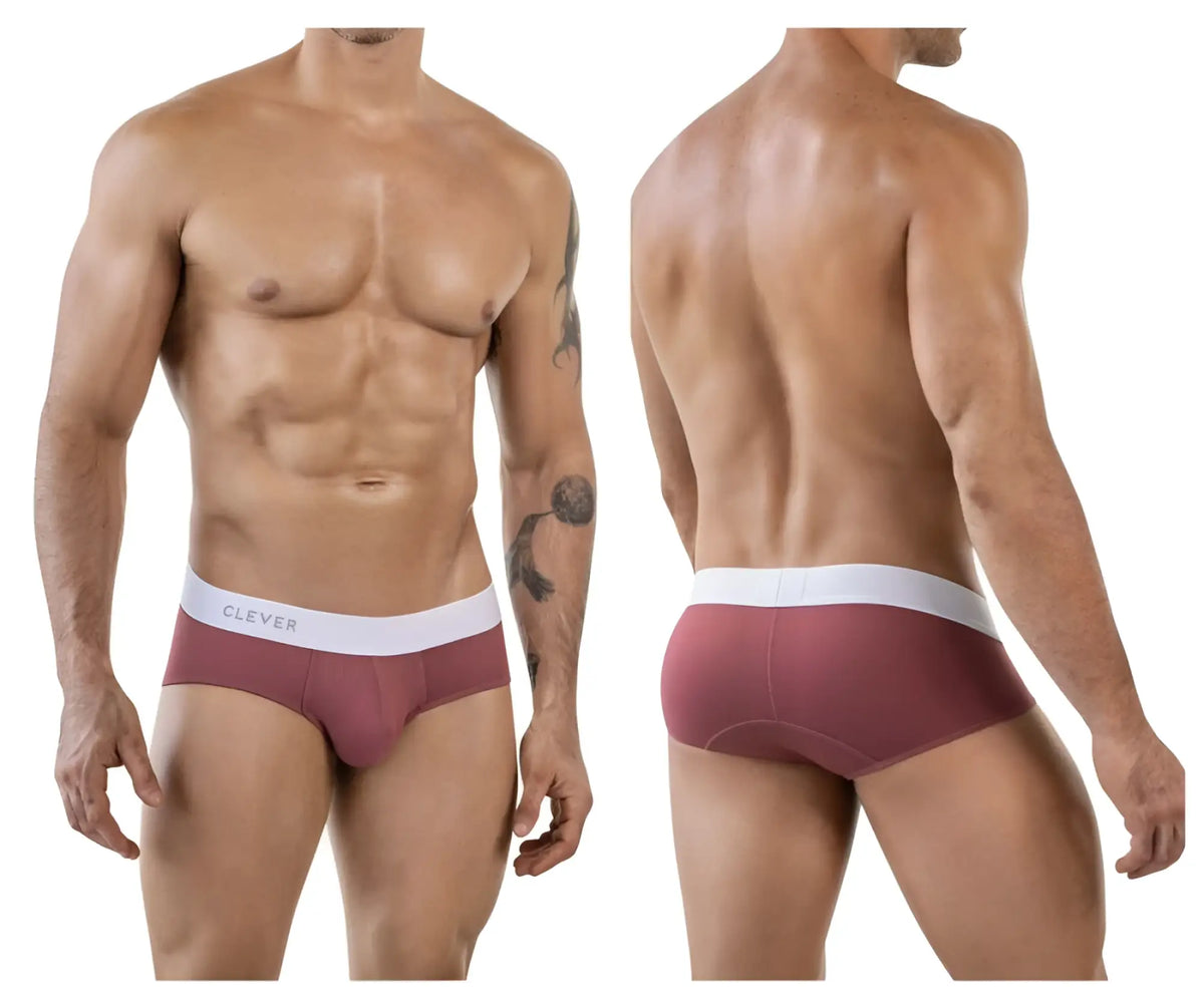 Clever 1863 lecler briefs in grape color featuring maroon fabric with a white waistband branded with clever in gray letters