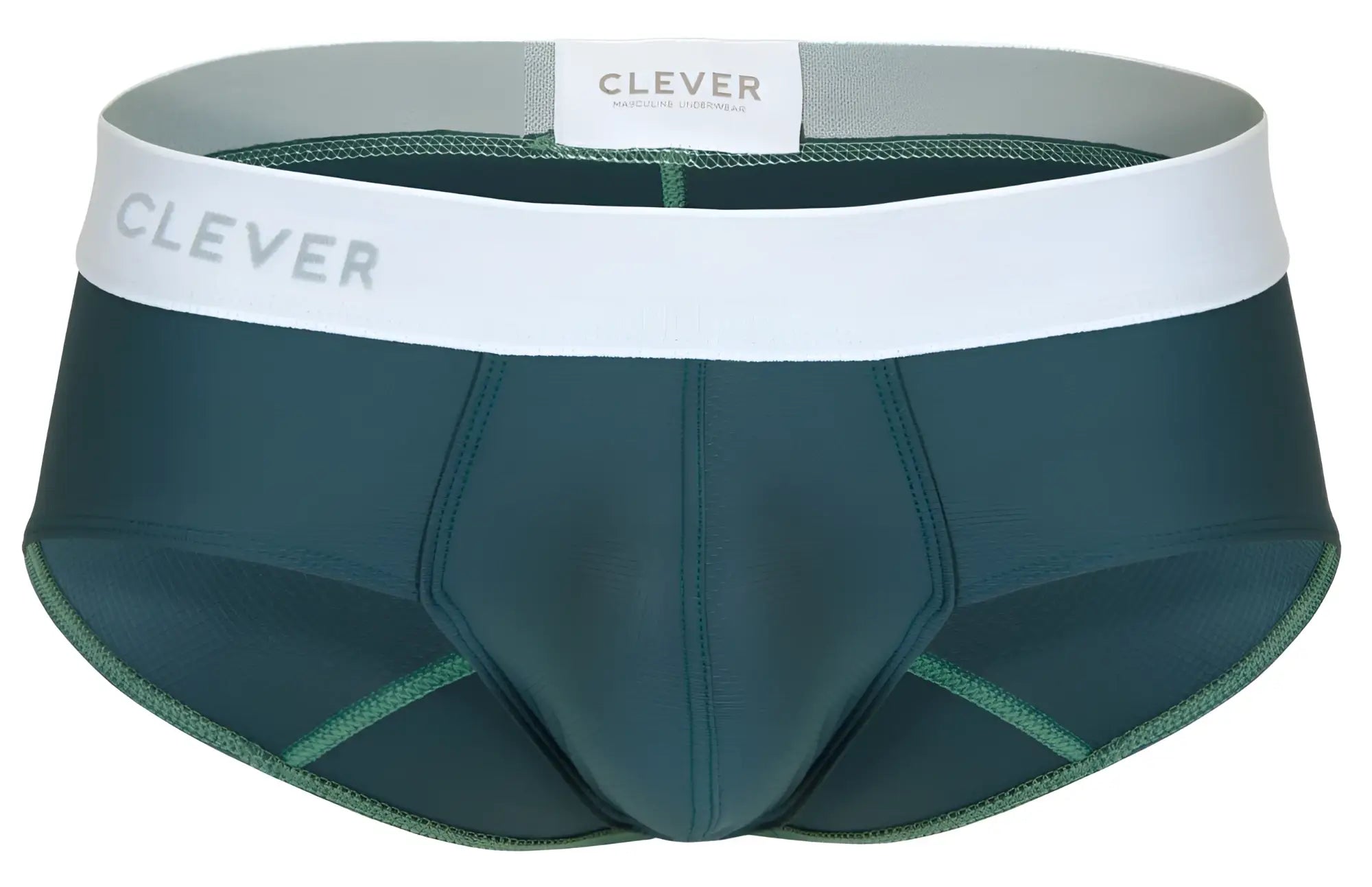 Dark green clever 1863 lecler men’s briefs with white elastic waistband and gray clever branding