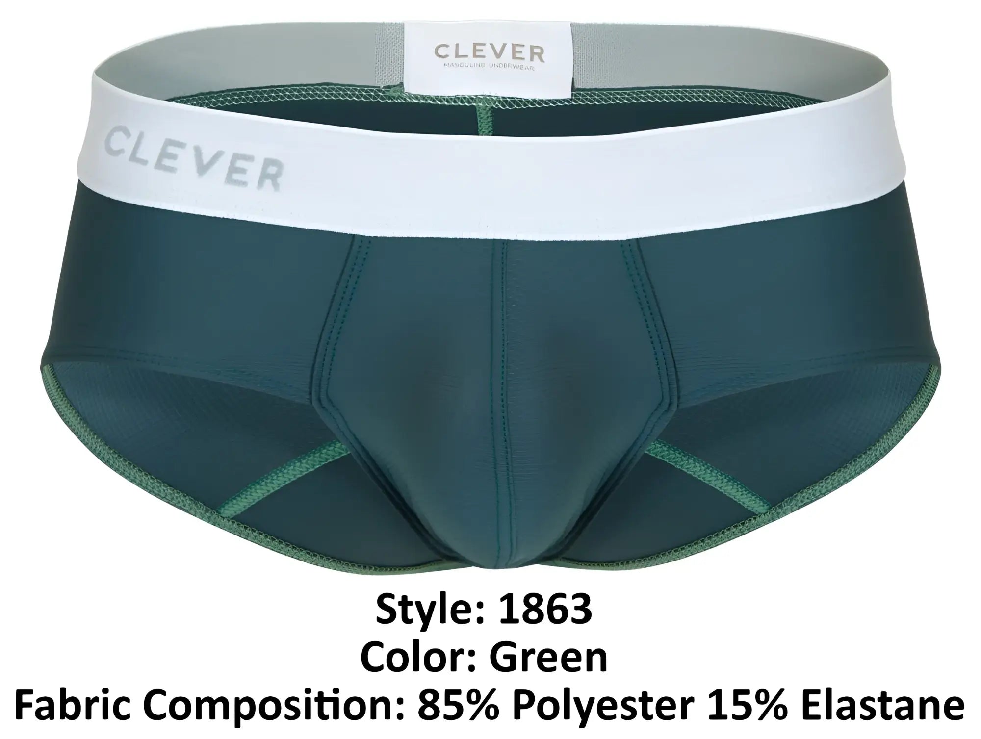 Dark green clever 1863 lecler briefs with white waistband and gray brand name for comfortable men’s underwear