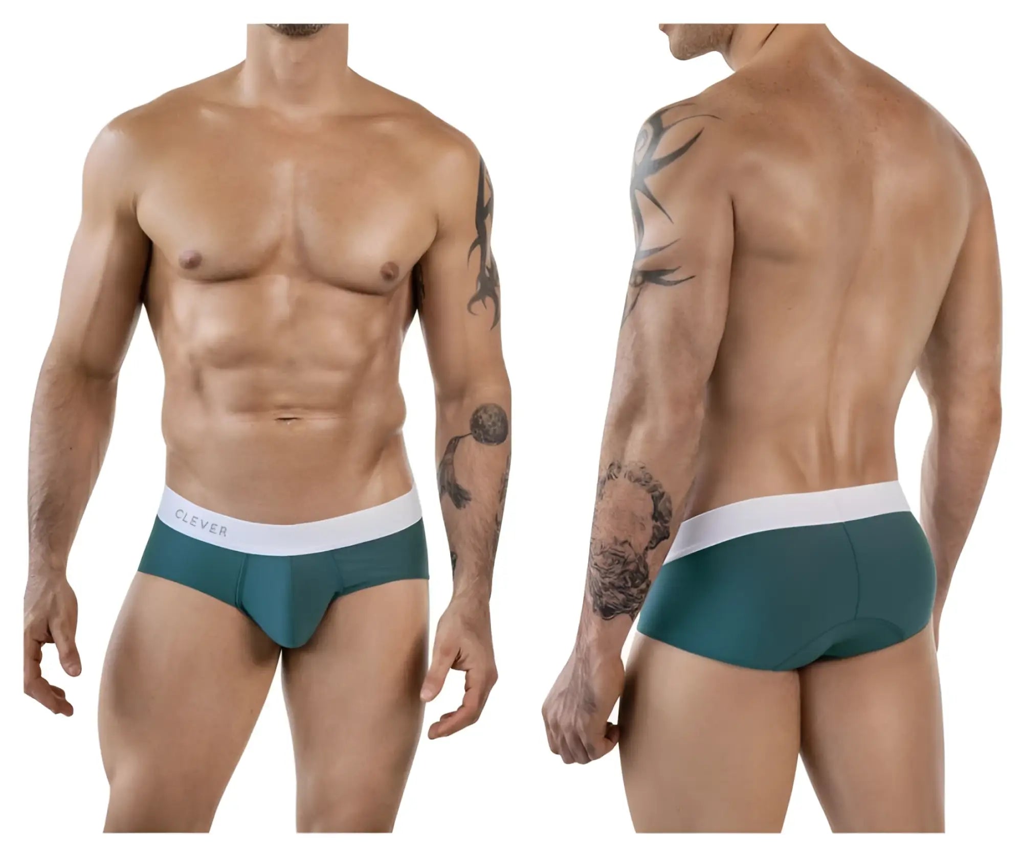 Clever 1863 lecler briefs in teal green with a white waistband featuring clever branding in black lettering