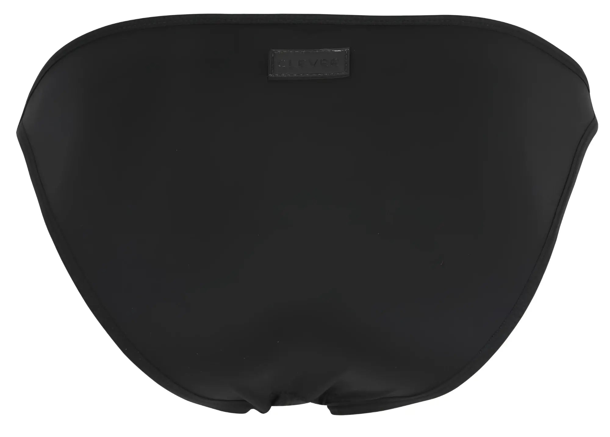 Black satin clever 1865 oomph bikini bottom with subtle sheen and small rectangular brand tag at top center