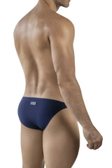 Navy blue clever 1865 oomph bikini briefs showing back side with small rectangular brand tag on waistband