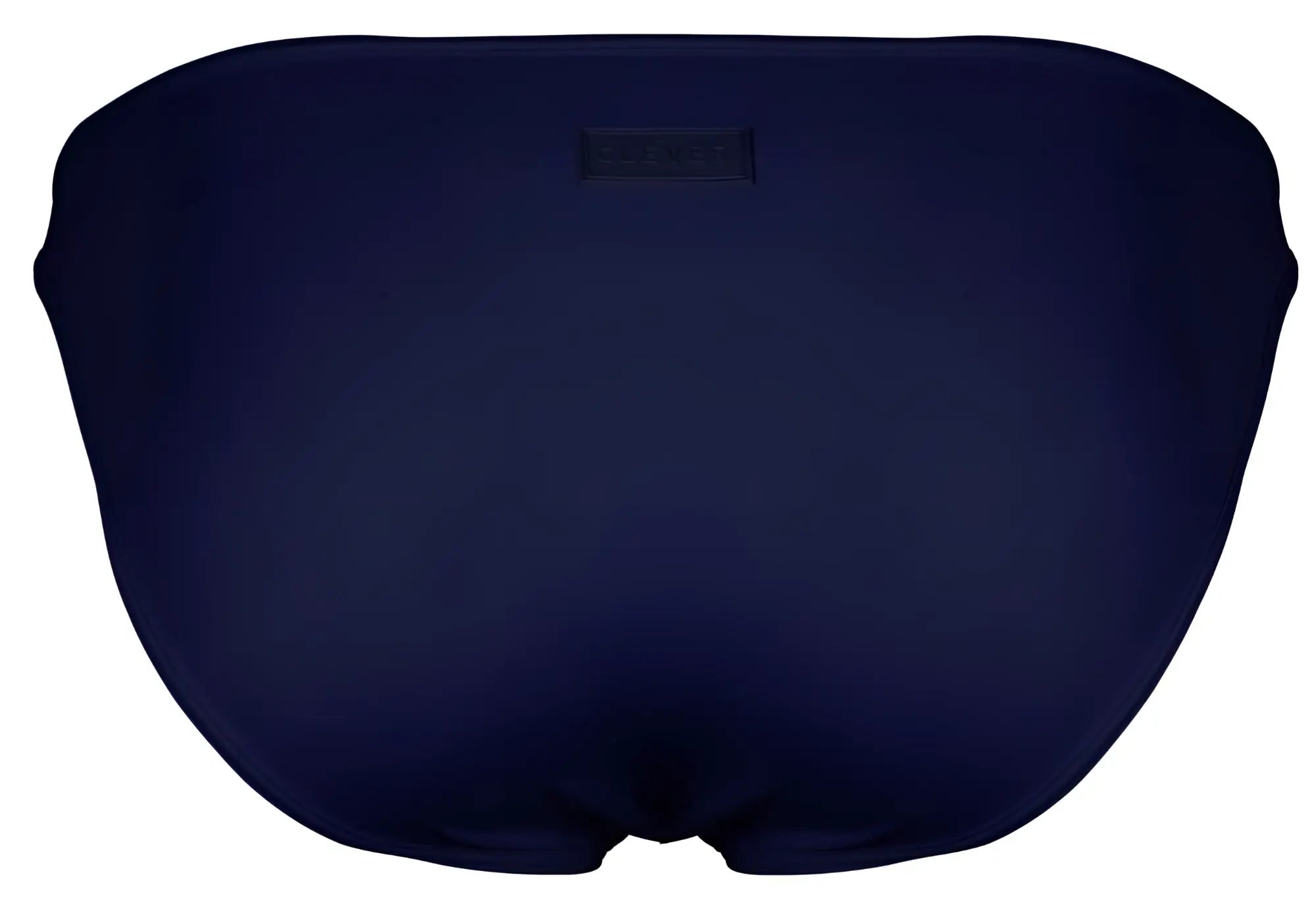 Navy blue swim trunks with a small rectangular brand tag at the waistband from clever 1865 oomph bikini color dark blue collection
