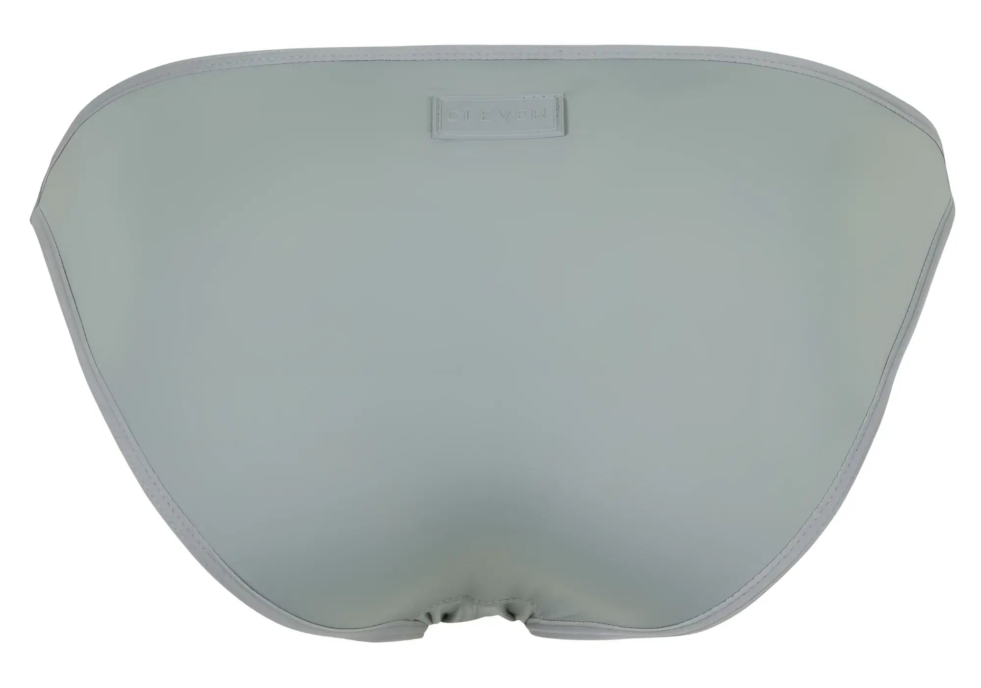 Light gray satin bikini bottom with subtle seam and small rectangular brand tag from clever 1865 oomph bikini color gray