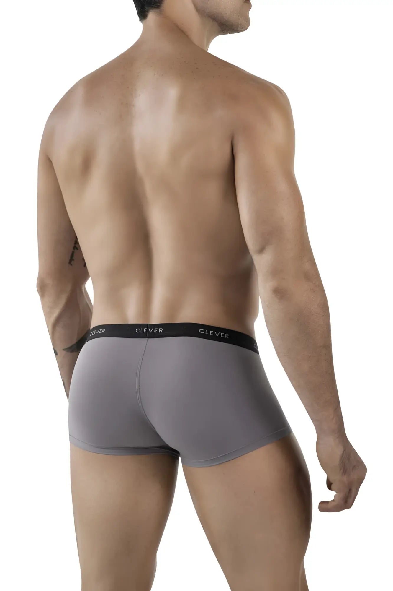 Gray clever 1866 tokio trunks men’s briefs with black elastic waistband featuring clever brand name