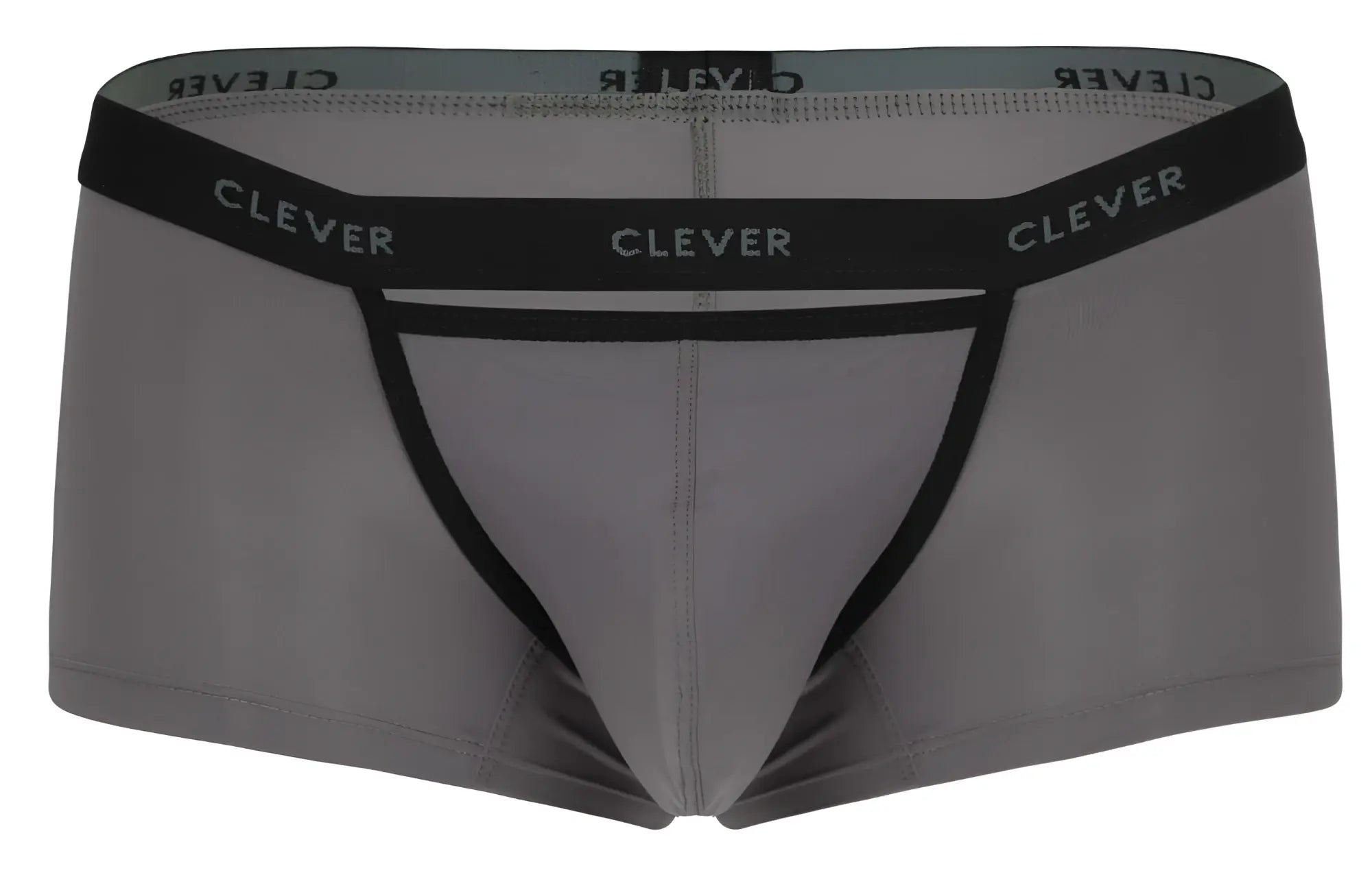 Gray men’s briefs with black elastic waistband and leg openings featuring the Clever brand name in white