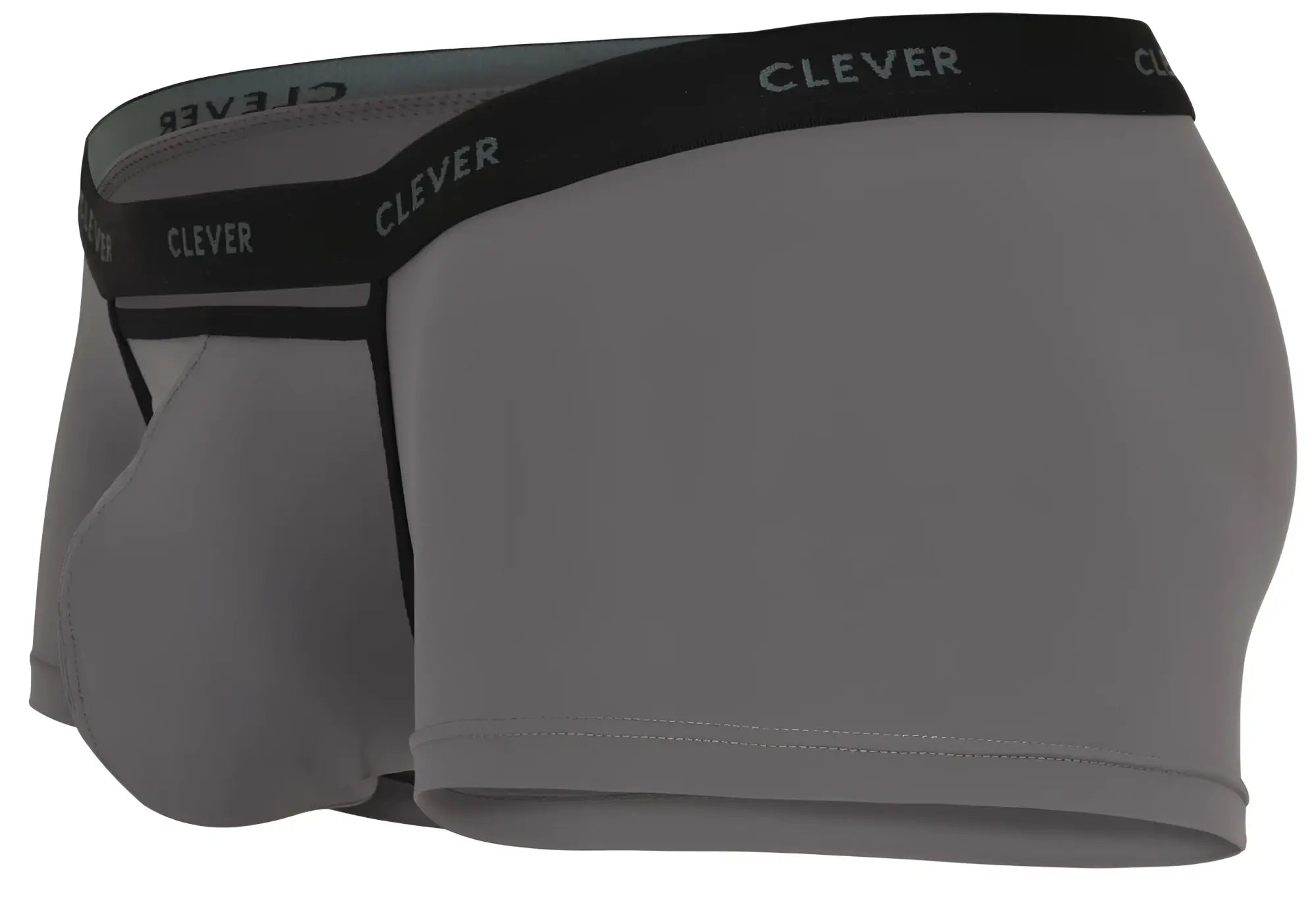 Gray clever 1866 tokio trunks boxer briefs with black elastic waistband and white clever branding