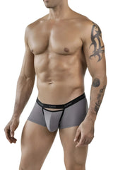 Gray men’s boxer briefs with black trim and clever branding on the waistband from clever 1866 tokio trunks collection