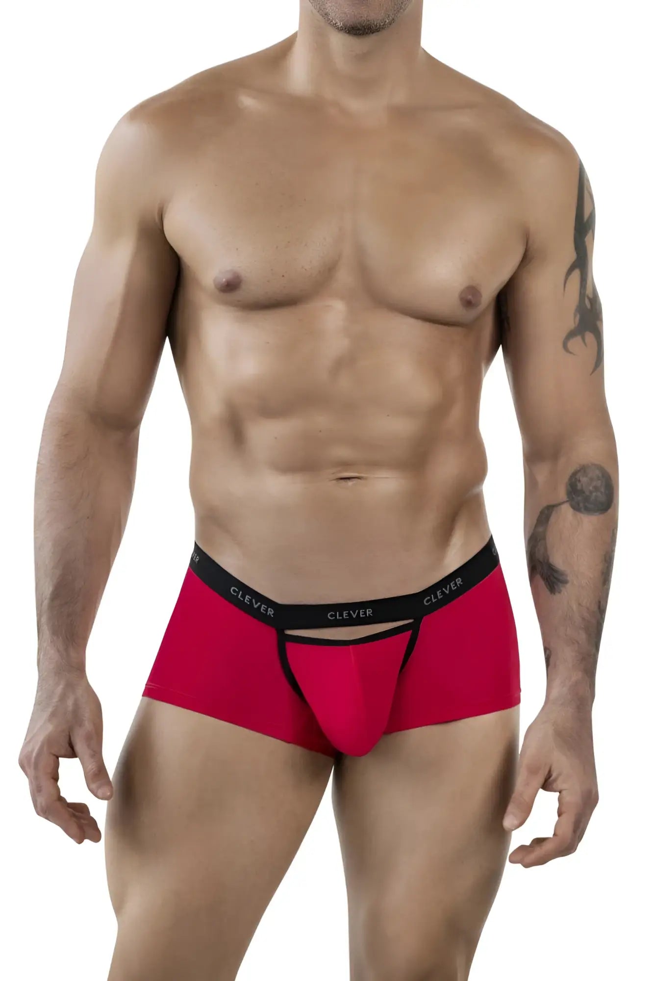 Red men’s boxer briefs with black elastic waistband featuring clever brand name for comfortable everyday wear