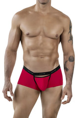 Red men’s boxer briefs with black elastic waistband featuring clever brand name for comfortable everyday wear