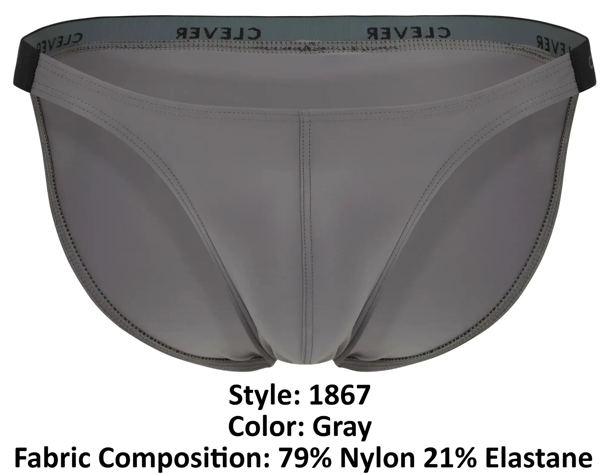 Gray clever 1867 tokio bikini briefs with a black elastic waistband and white brand name print for men