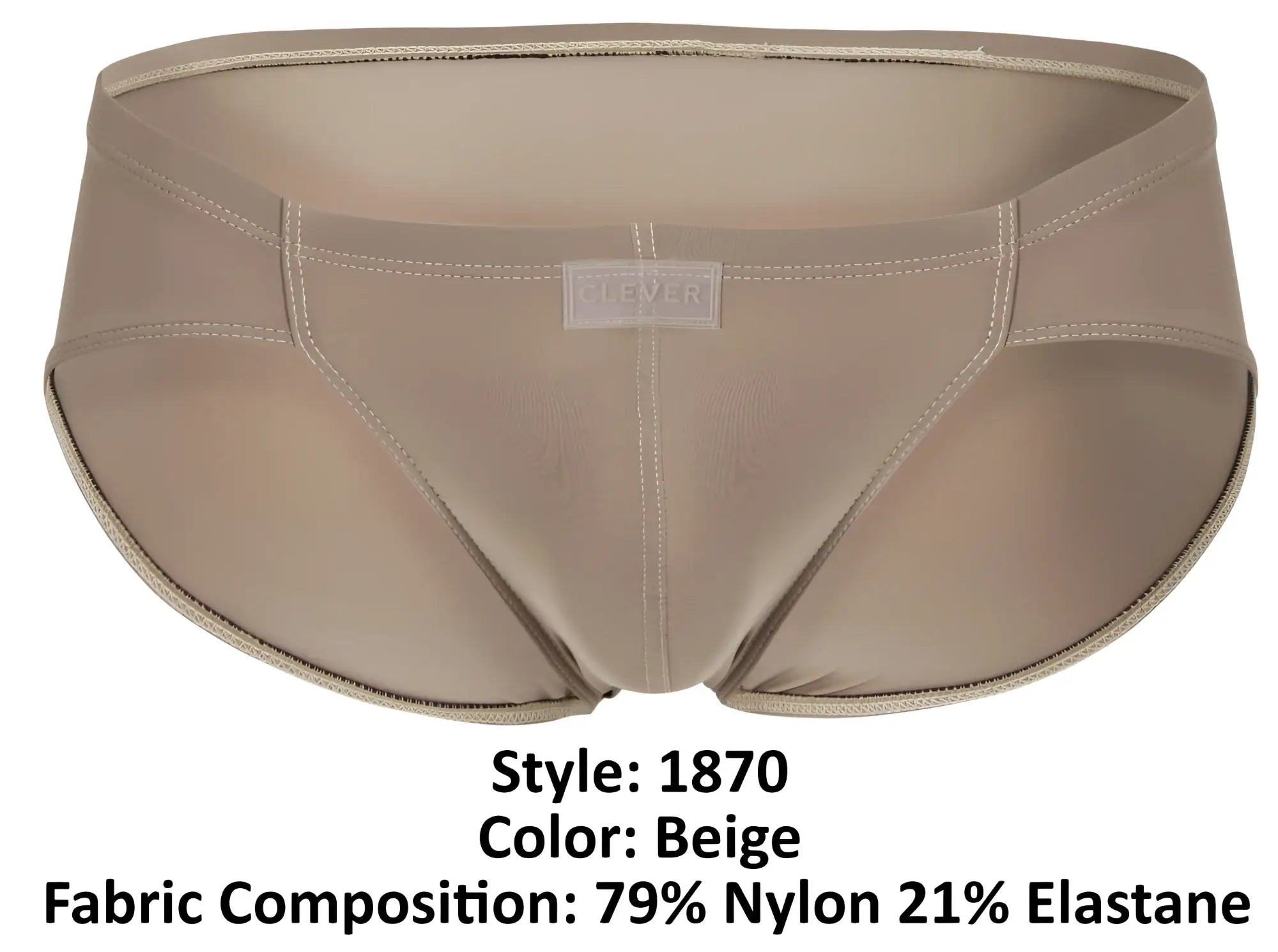 Beige clever 1870 audaz bikini men’s briefs with sleek form-fitting design made from 79% nylon 21% elastane