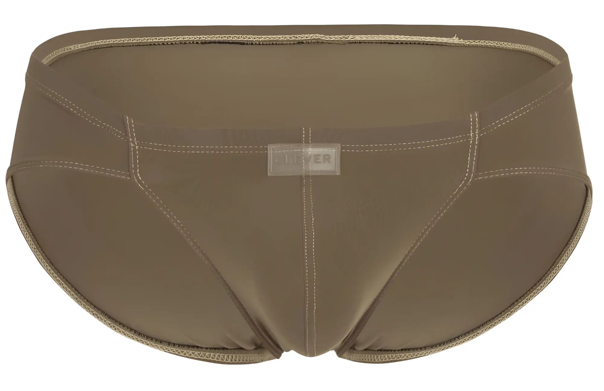 Olive green men’s swim trunks with subtle textured finish and matching stitching from clever 1870 audaz bikini brown