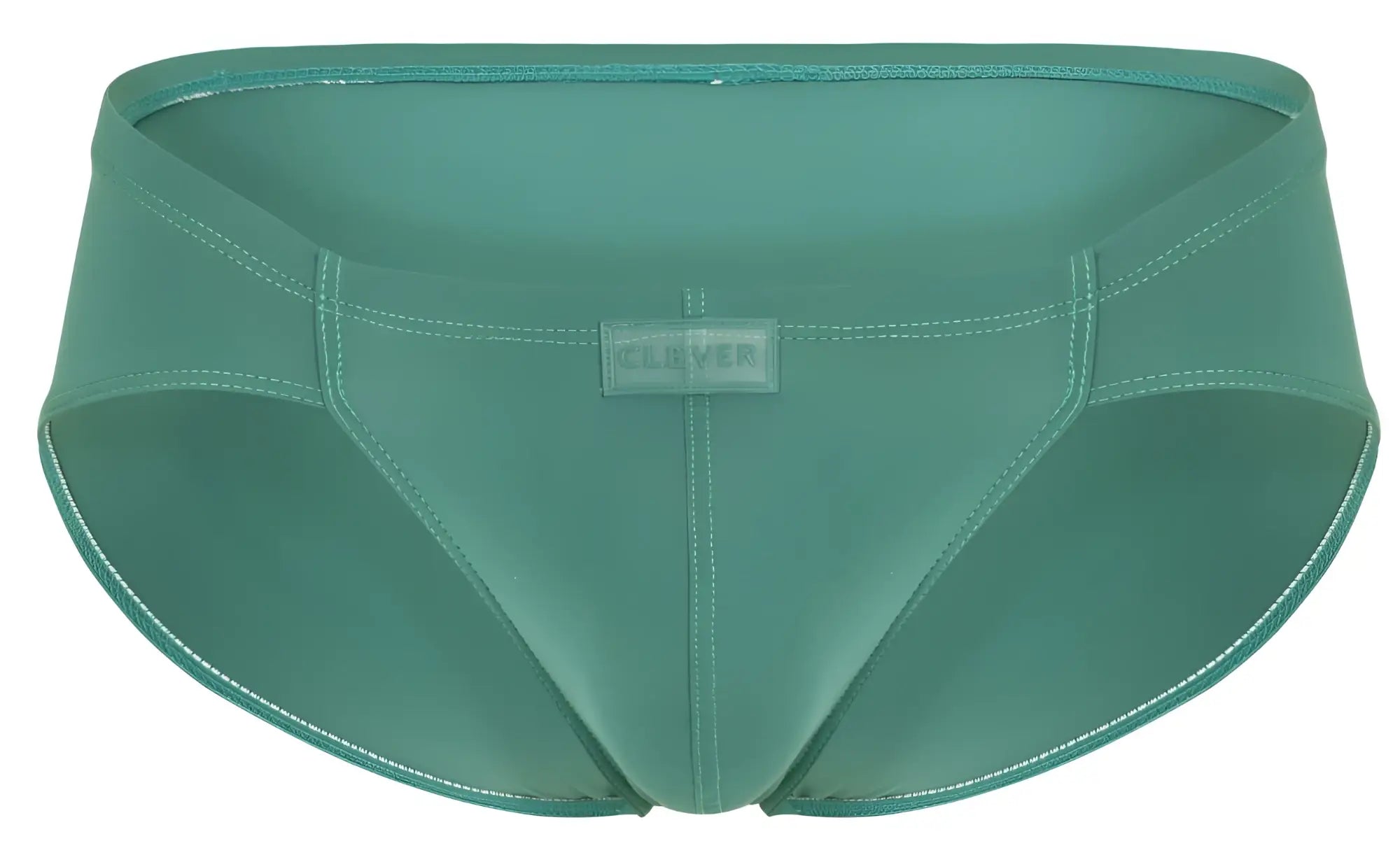 Teal-colored sleek form-fitting swim trunks with subtle sheen from clever 1870 audaz bikini color green collection