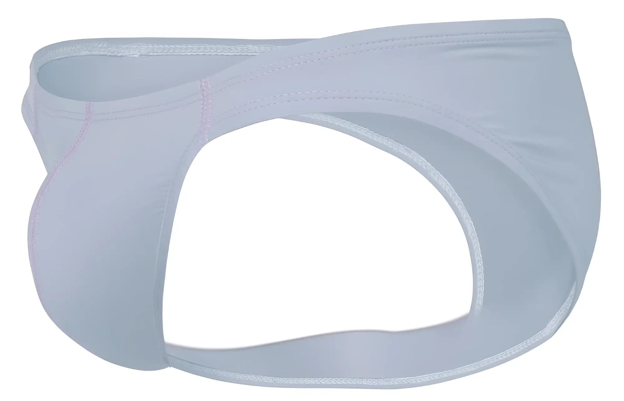 White form-fitting men’s clever 2005 raices briefs in gray with smooth stretchy fabric and subtle pink stitching along edges