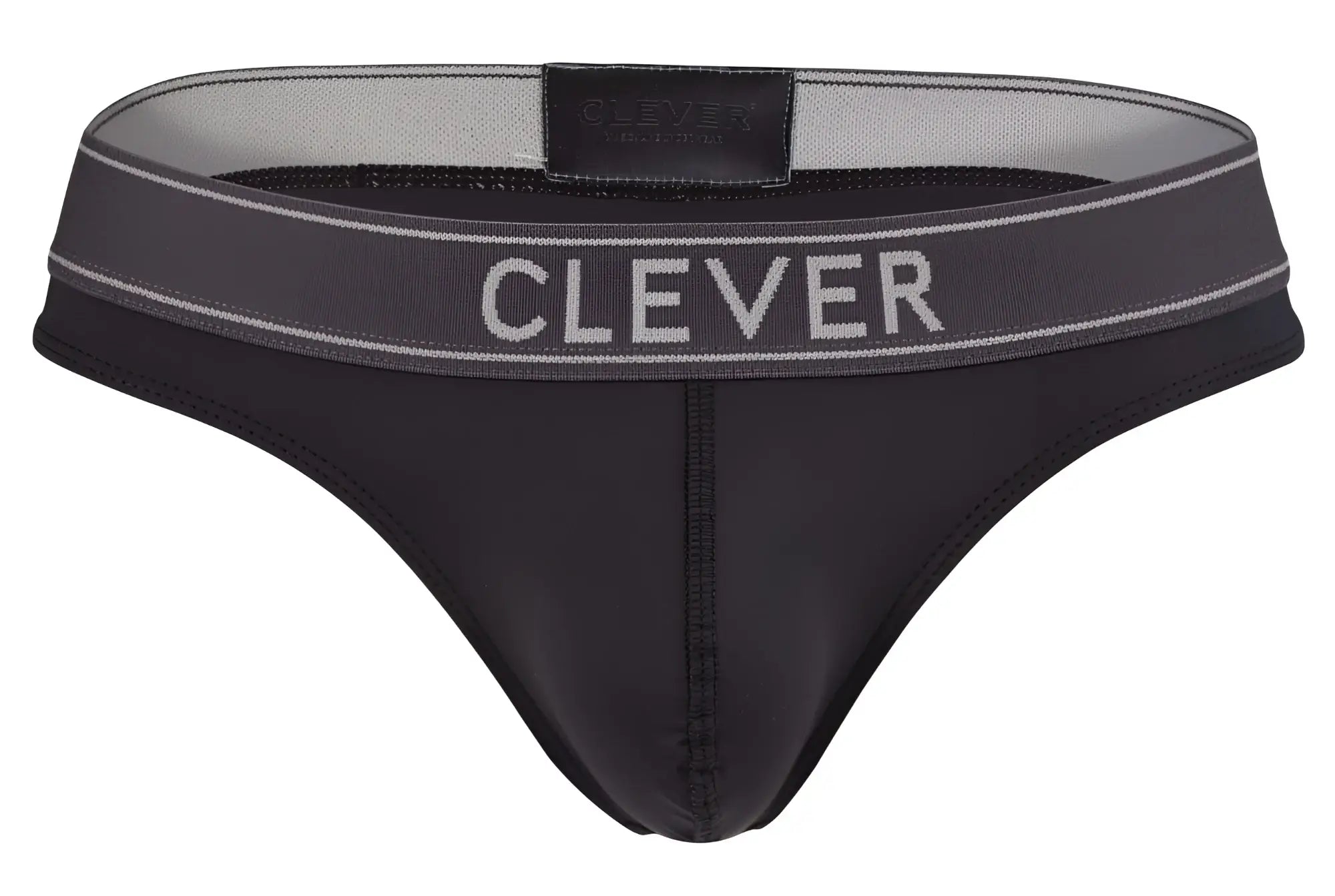 Black clever 2008 raw thong briefs with a gray waistband white lettering and subtle stitching details visible from the back