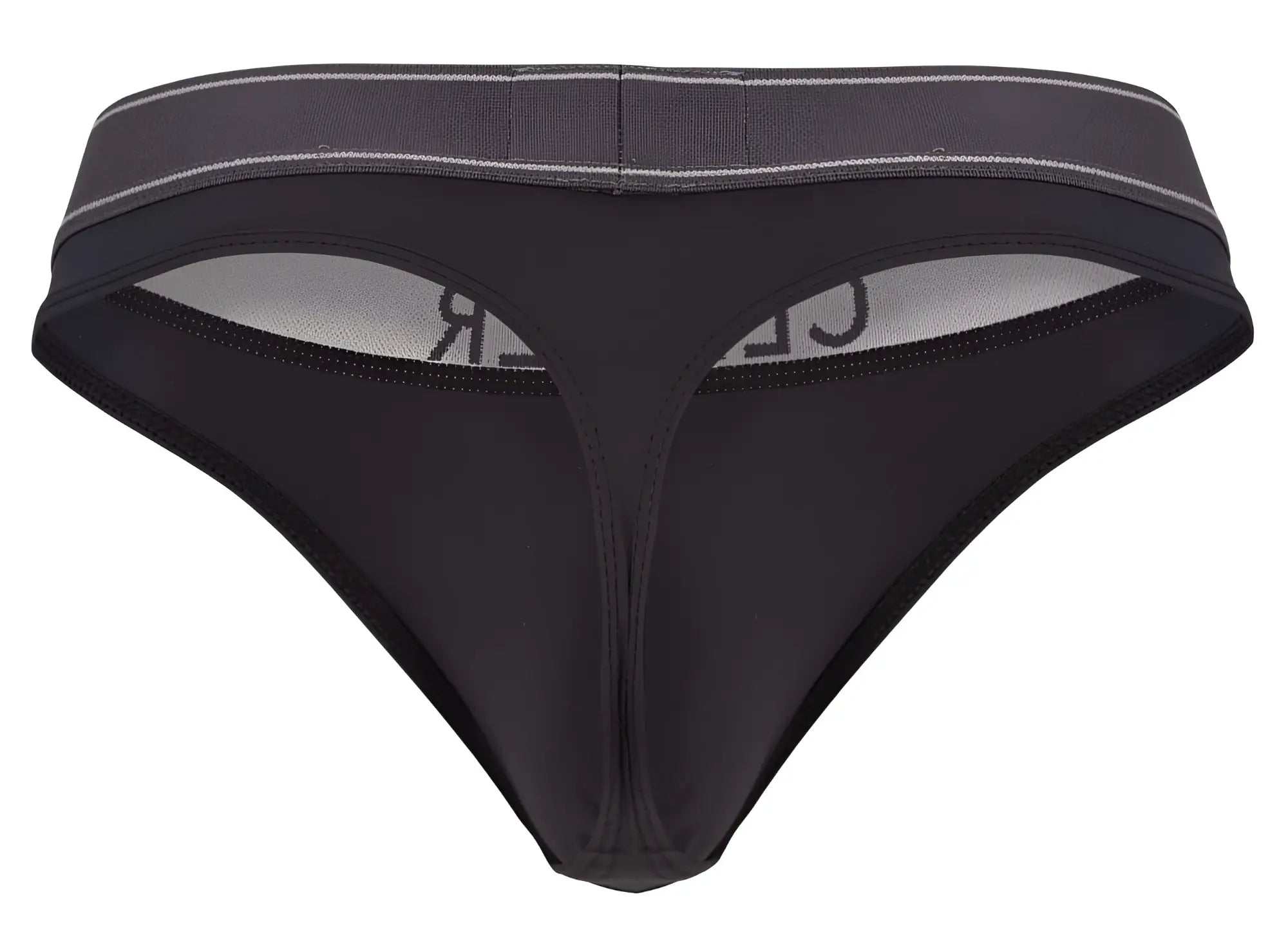 Black clever 2008 raw thong with gray waistband subtle white stitching and brand name visible on inner lining