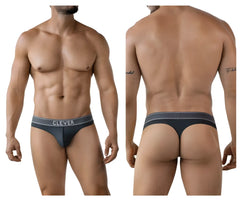 Dark gray clever 2008 raw thongs with lighter gray waistband and white brand name lettering on the front side