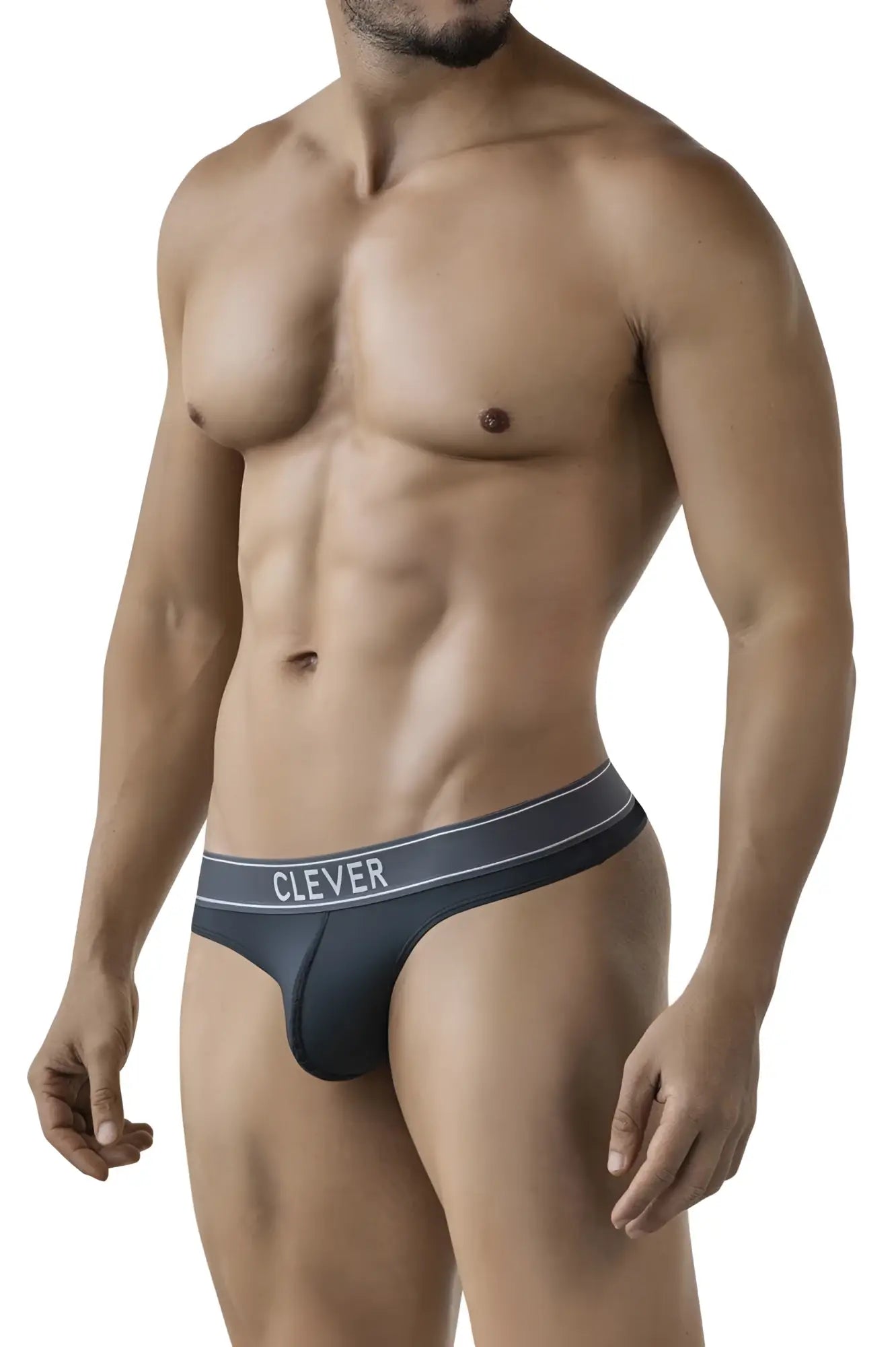 Dark gray clever 2008 raw thong with white elastic waistband featuring bold uppercase clever branding