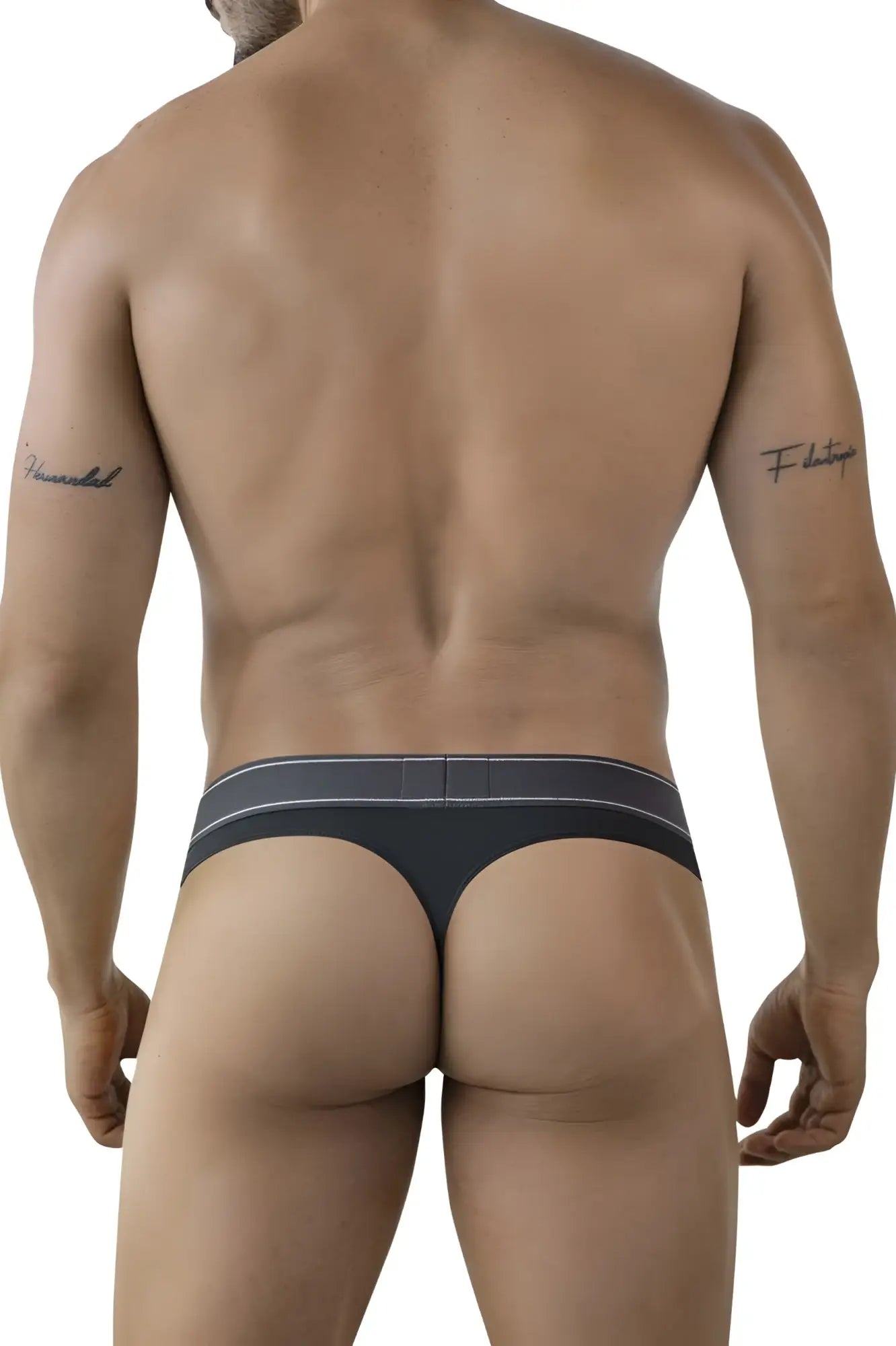 Dark gray clever 2008 raw thong with contrasting light gray stripe on waistband showing the back side