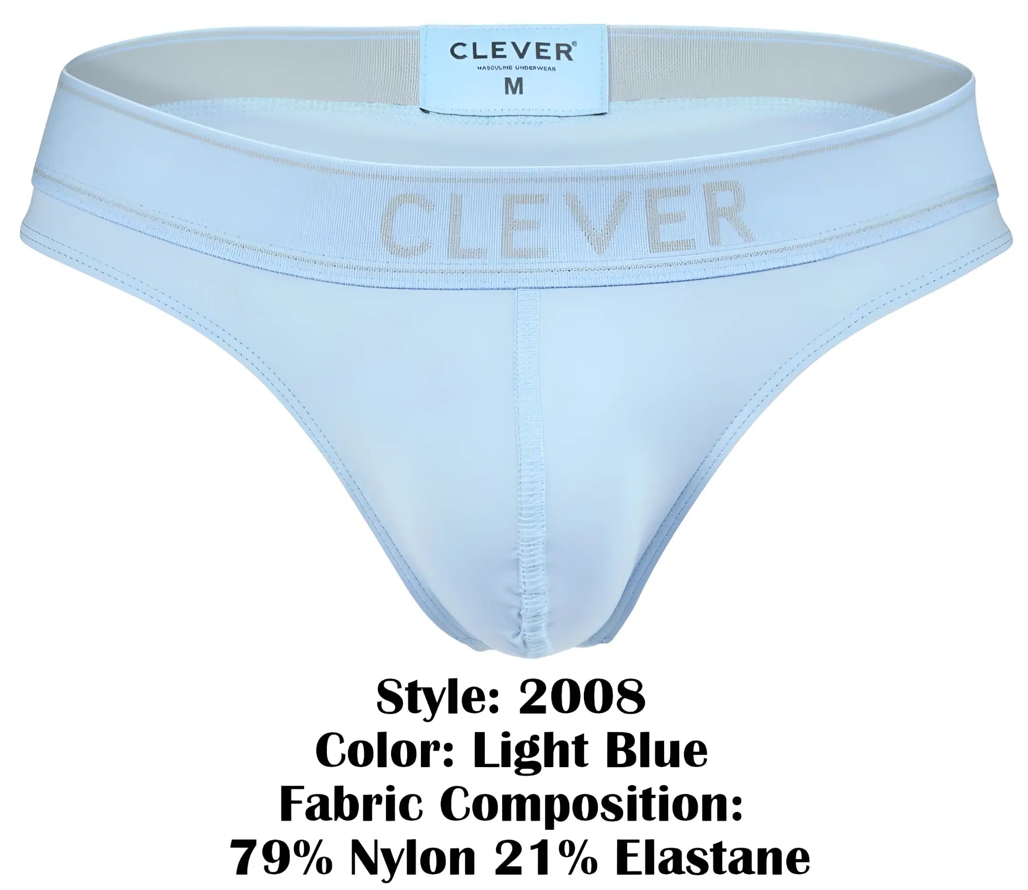 Light blue clever 2008 raw thongs men’s briefs made from 79 nylon and 21 elastane with a minimalist design