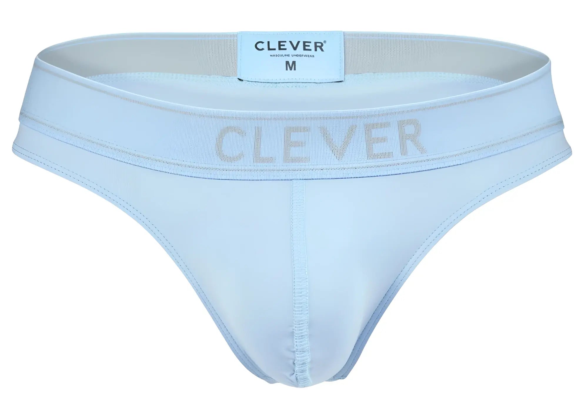 Light blue clever 2008 raw thongs featuring a subtle gray logo and elastic waistband designed for men’s comfort