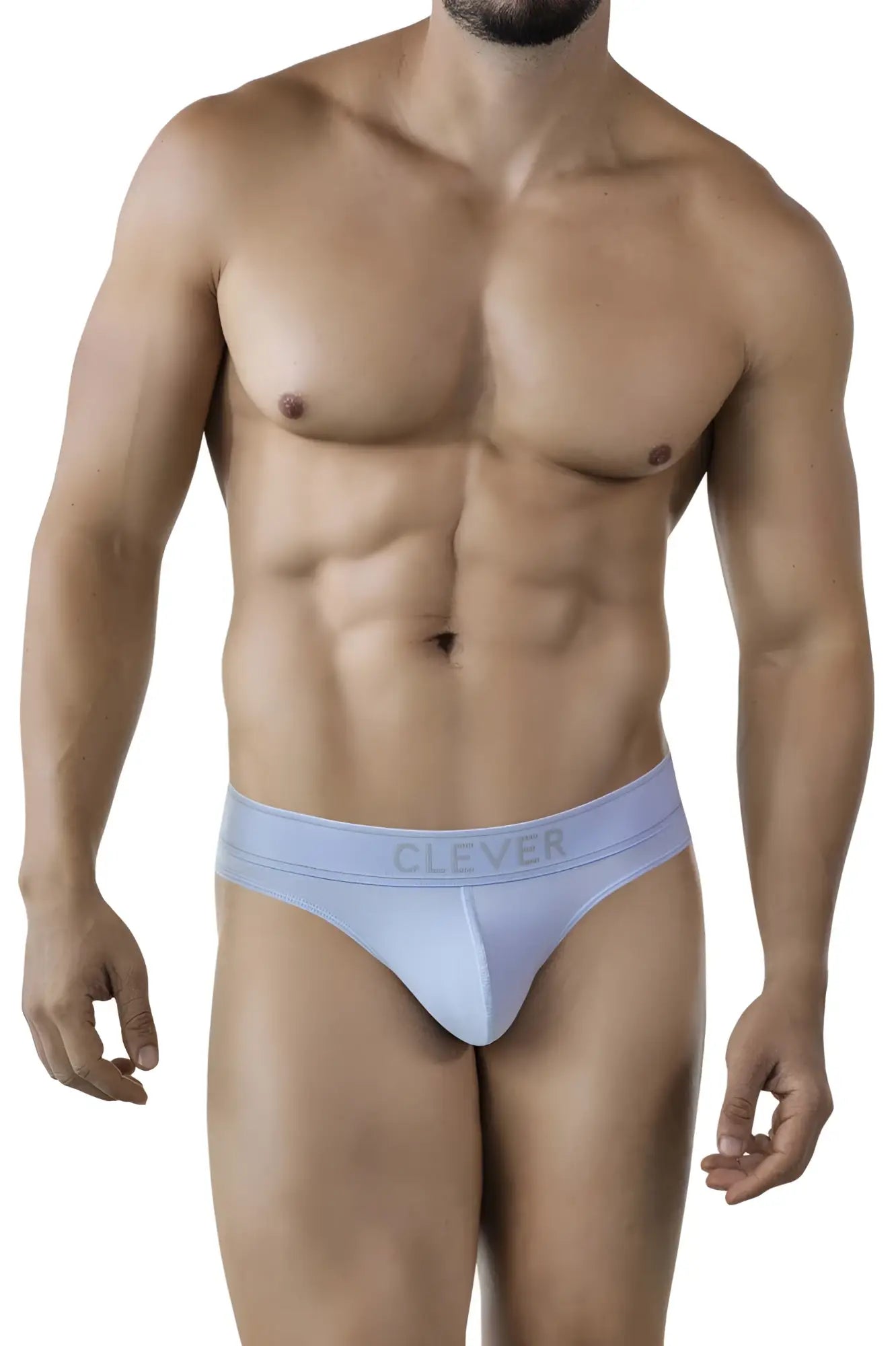 Light blue seamless briefs with subtle clever logo on waistband from clever 2008 raw thongs collection