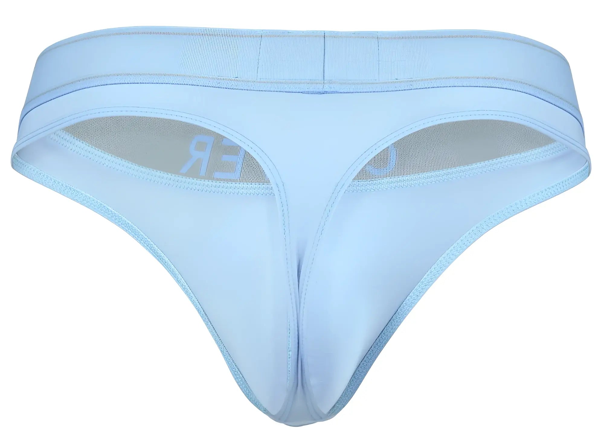 Light blue clever 2008 raw thong made of smooth fabric with subtle logo on the inner lining front view