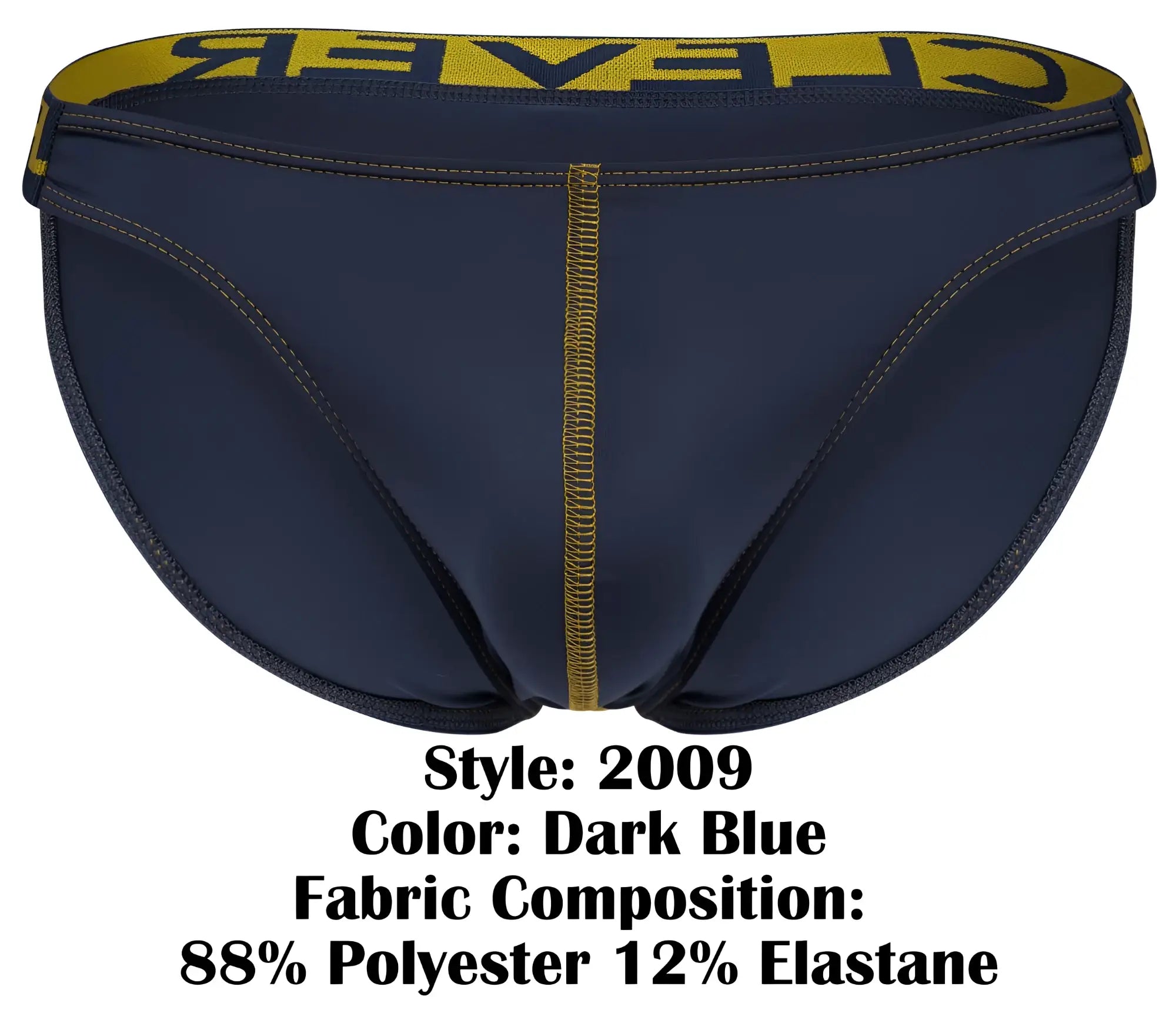Dark blue clever 2009 earthskin bikini briefs with yellow waistband and gold stitching on center seam