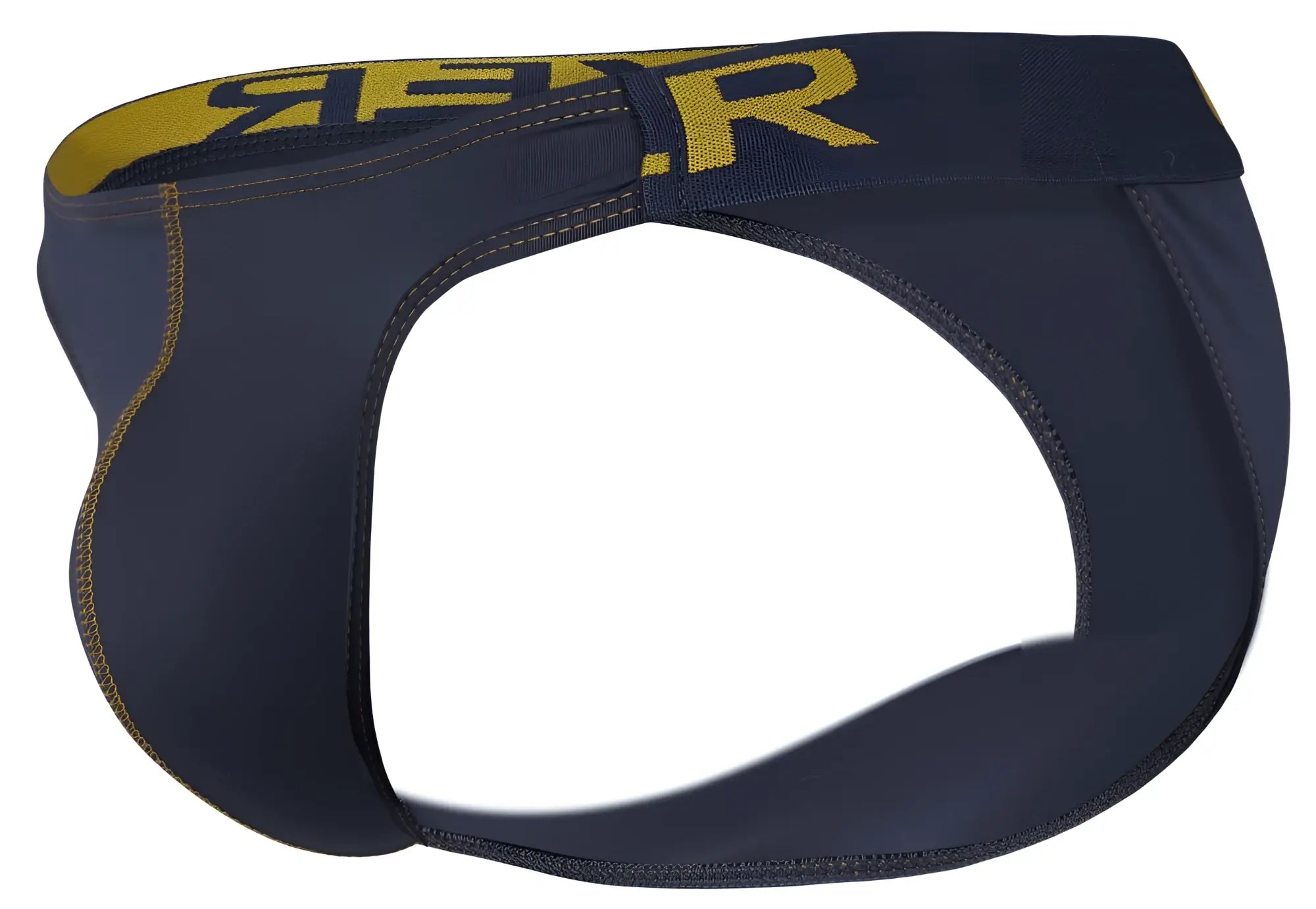 Dark navy blue athletic briefs with bold yellow r branding on waistband from clever 2009 earthskin bikini color dark blue