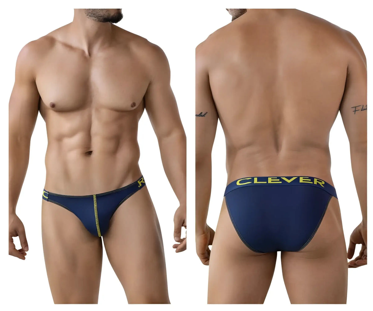 Navy blue Clever 2009 Earthskin bikini briefs with yellow trim and logo featuring breathable fabric design