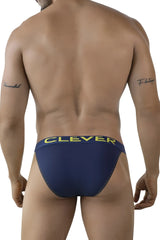Navy blue clever 2009 earthskin bikini briefs with yellow waistband lettering made from soft breathable fabric