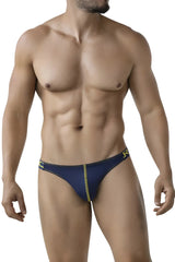 Navy blue clever 2009 earthskin bikini briefs with gold trim and subtle textured pattern along center seam front view