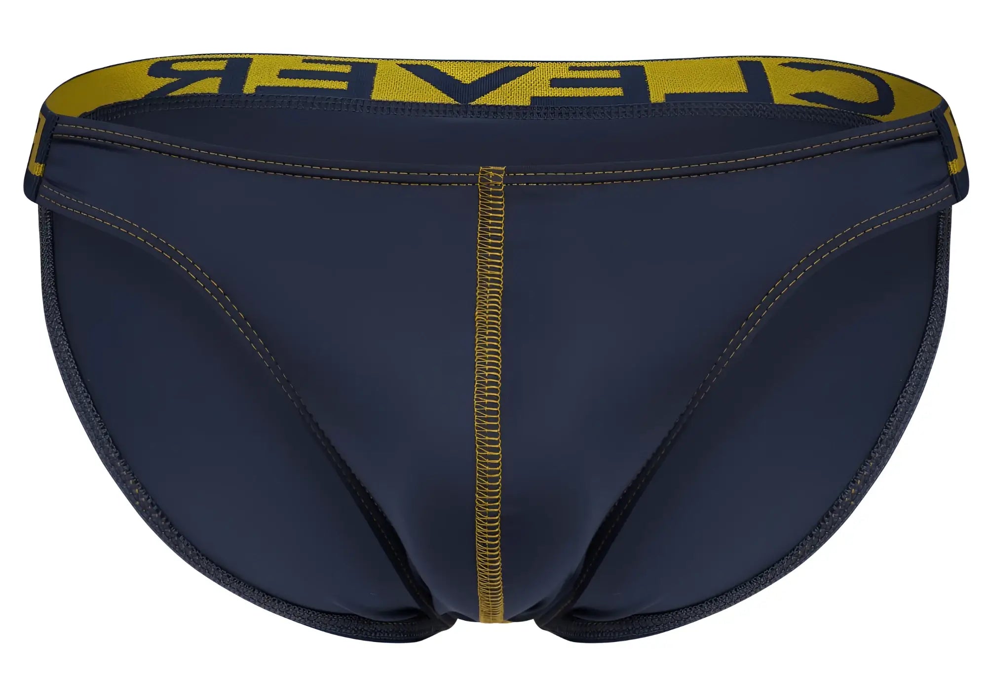 Navy blue clever 2009 earthskin bikini swim trunks with bold yellow waistband and matching yellow stitching
