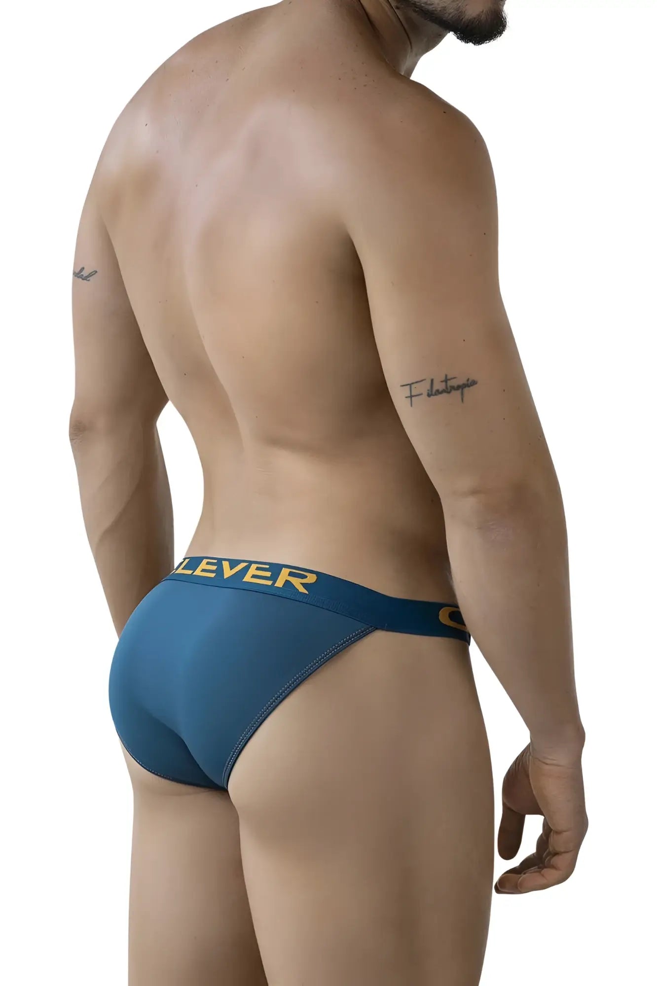 Blue clever 2009 earthskin bikini briefs with yellow logo and emblem on the waistband in petrol green color