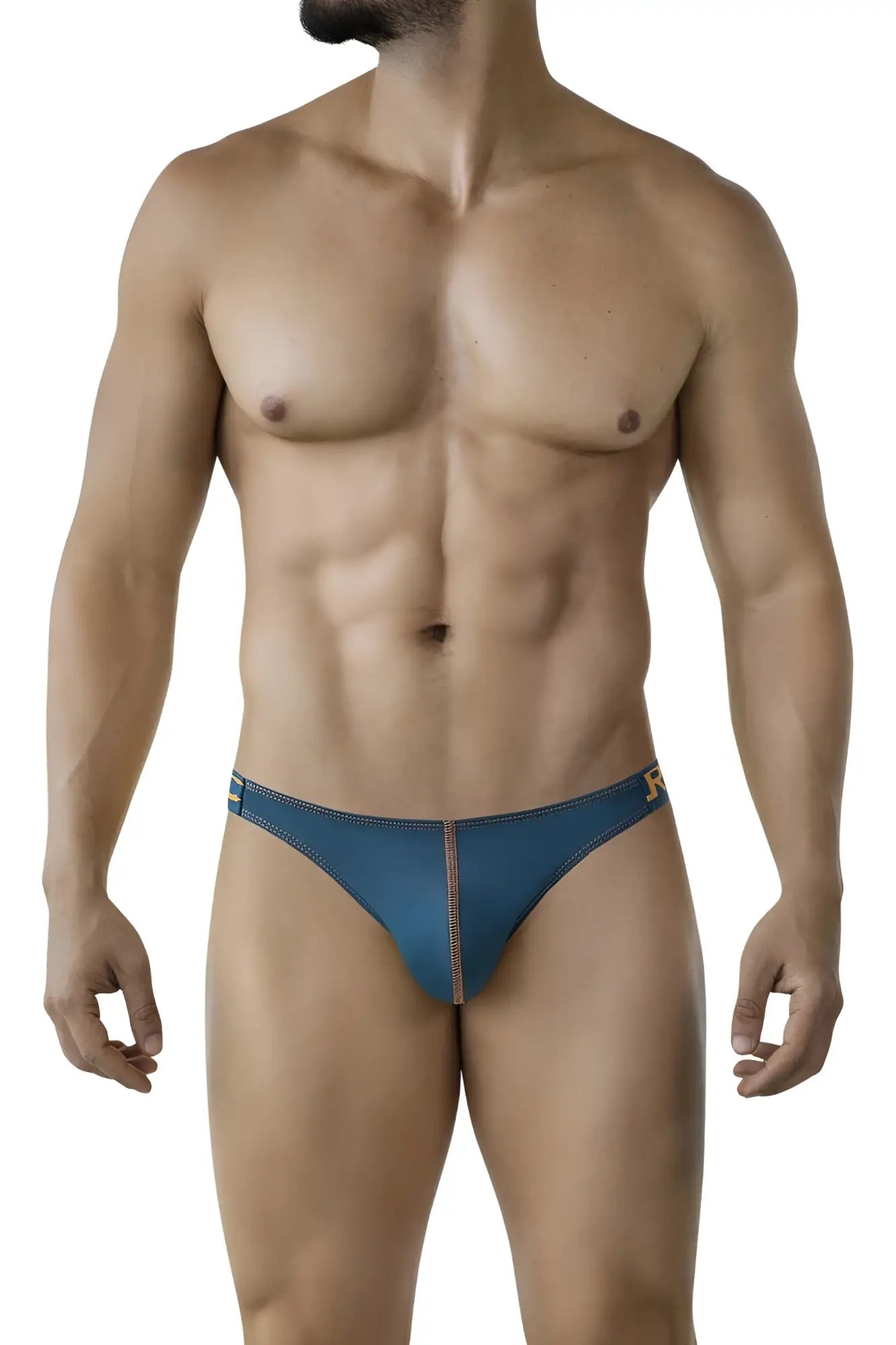 Clever 2009 earthskin bikini briefs in petrol green leather with a subtle gold logo on the side