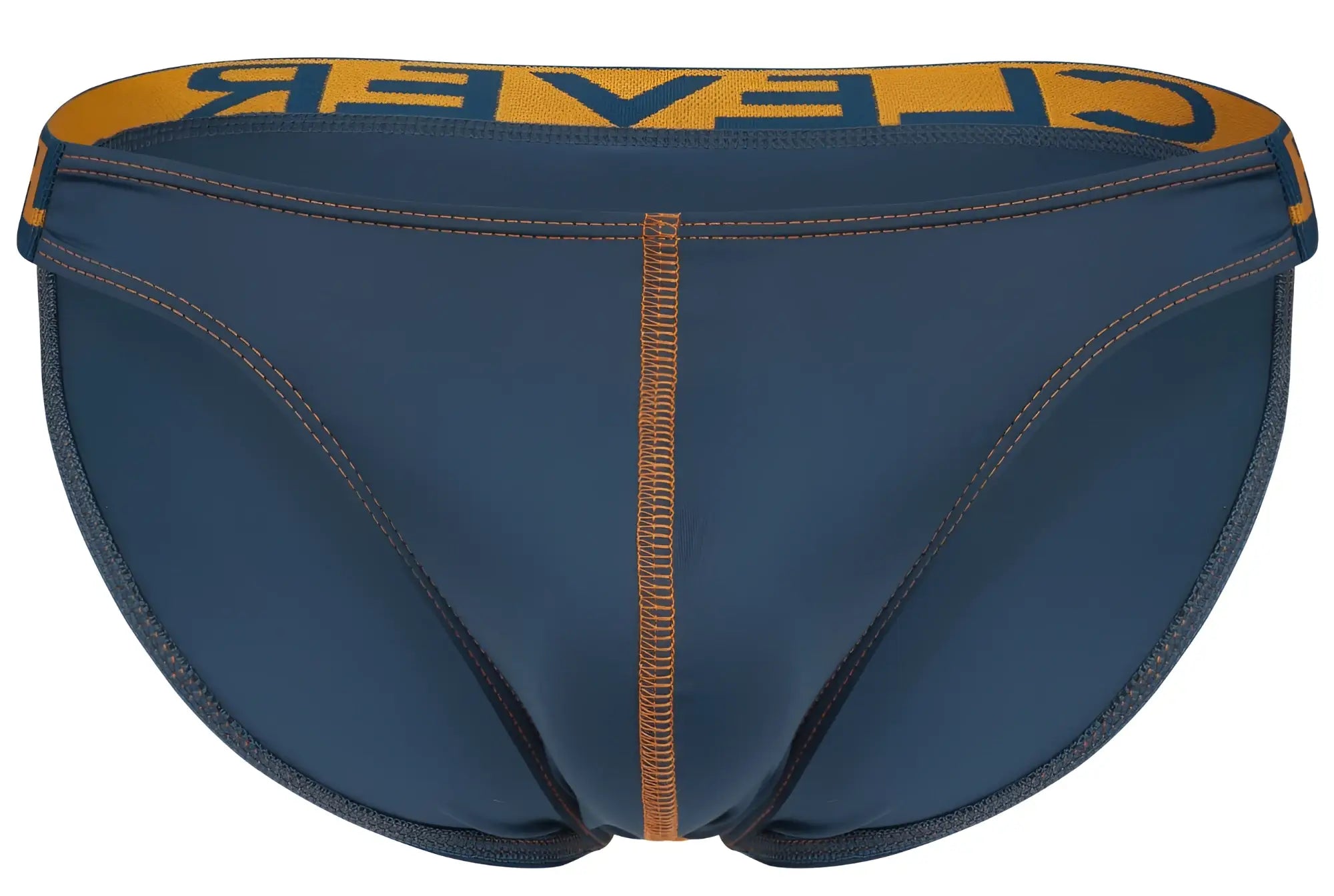 Navy blue briefs with an orange waistband and clever branding in black from the clever 2009 earthskin bikini petrol green collection