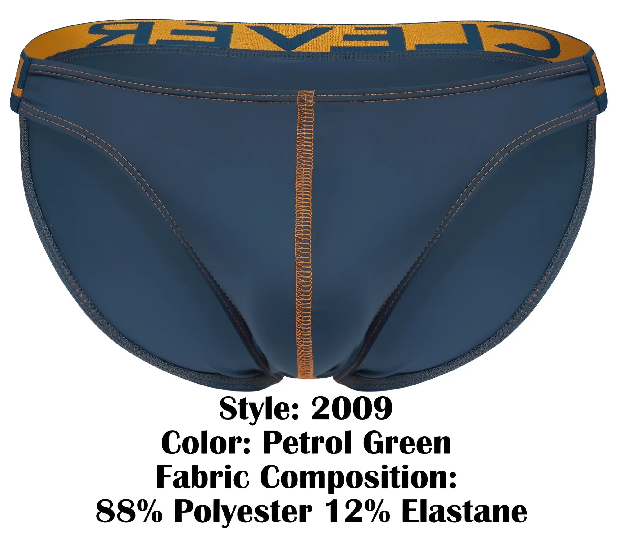 Clever 2009 earthskin bikini briefs in petrol green with yellow waistband, black clever logo, and orange seam stitching