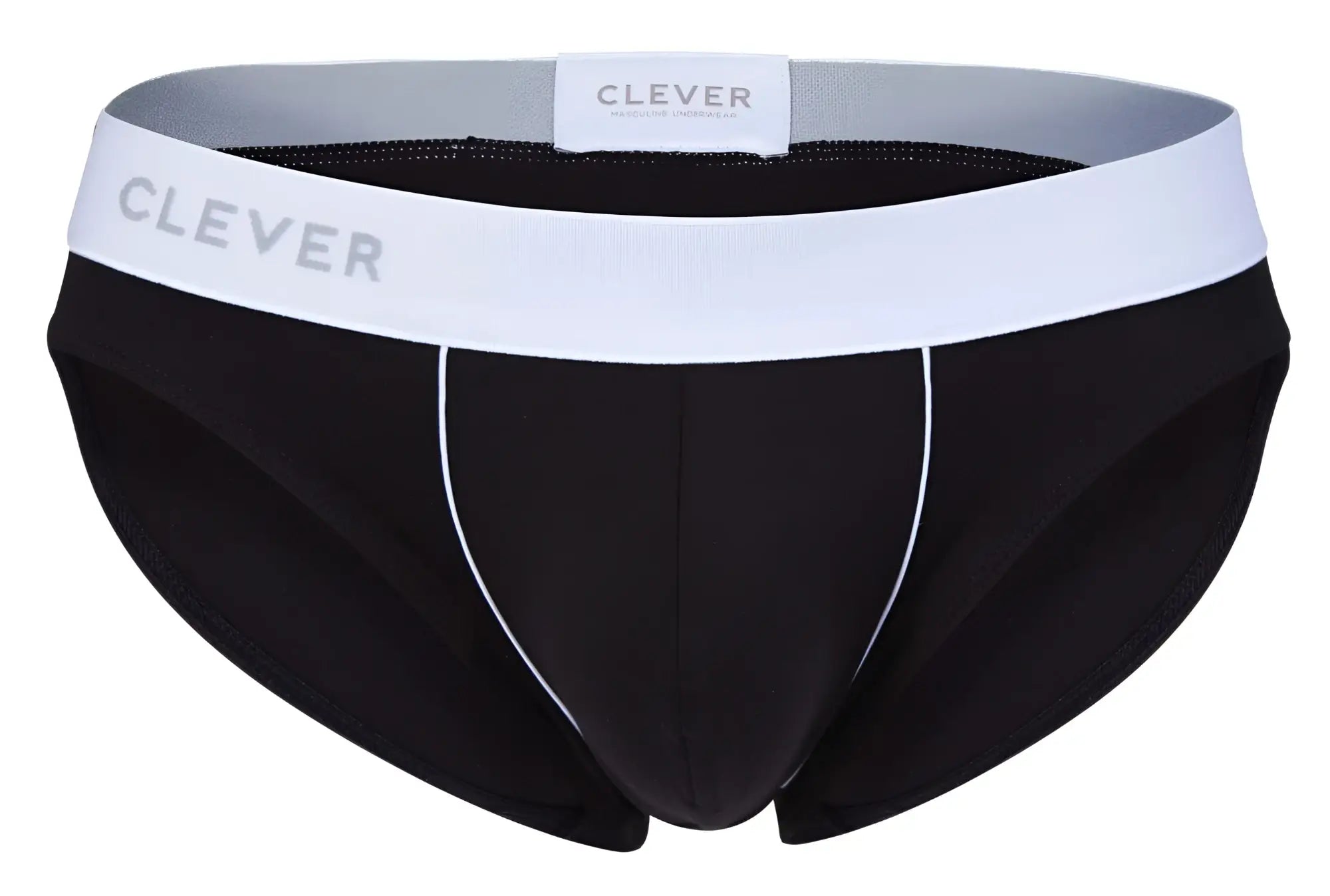 Black clever 2012 origen briefs with a white waistband gray trim and subtle white side stitching front view